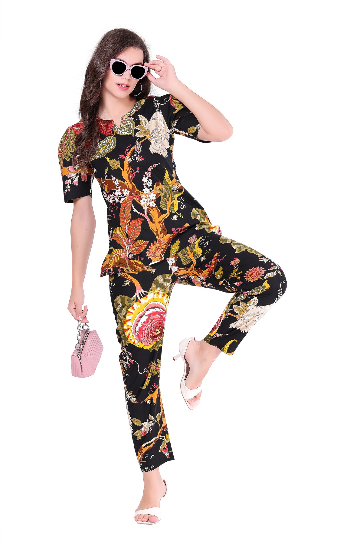 AV2 Women Cotton Printed Tunic & Bottom Coord set Black - 2809C