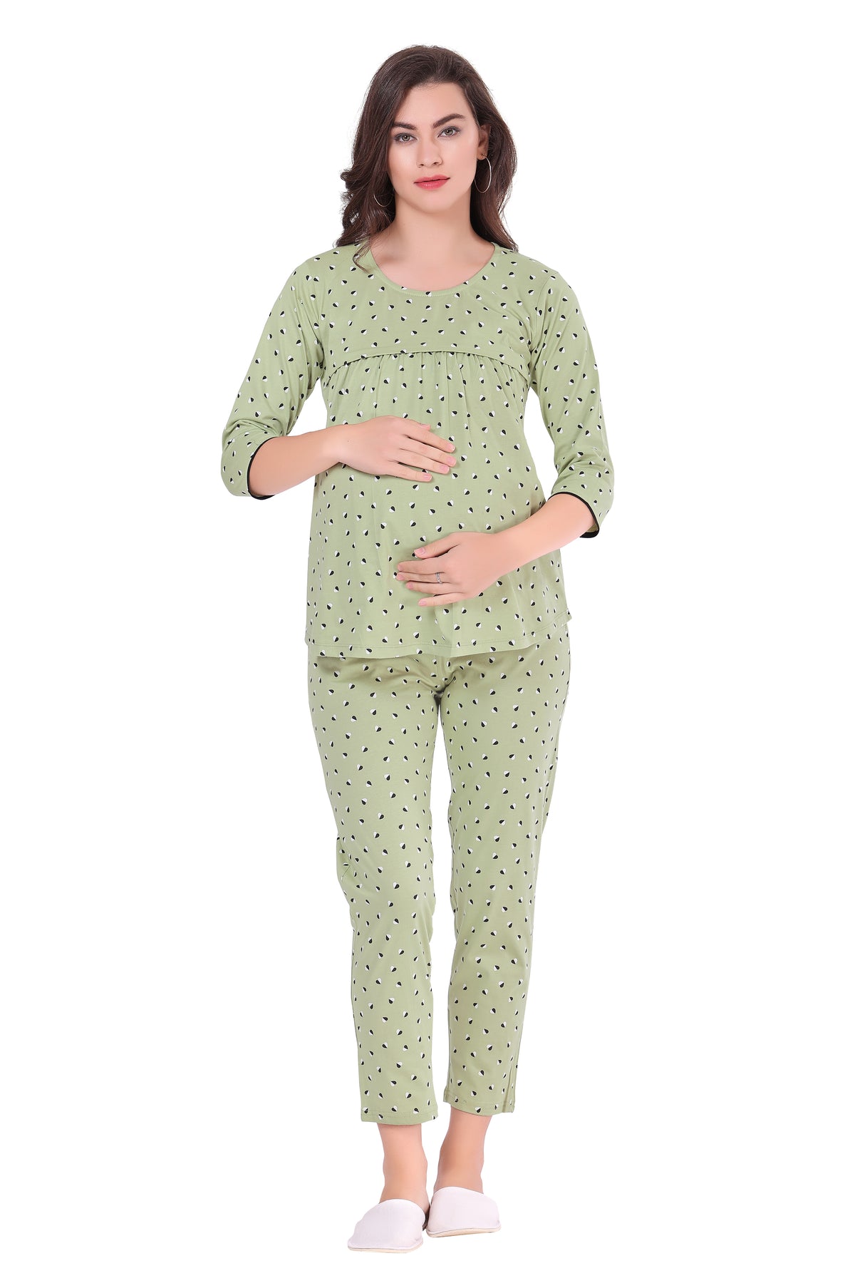 AV2 Women Cotton Feeding Top & Pyjama Nighsuit Set Green - 2833A