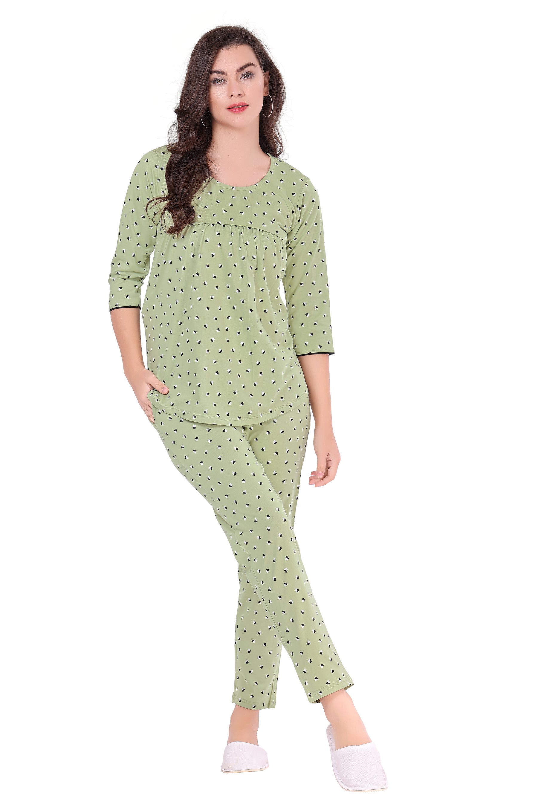 AV2 Women Cotton Feeding Top & Pyjama Nighsuit Set Green - 2833A