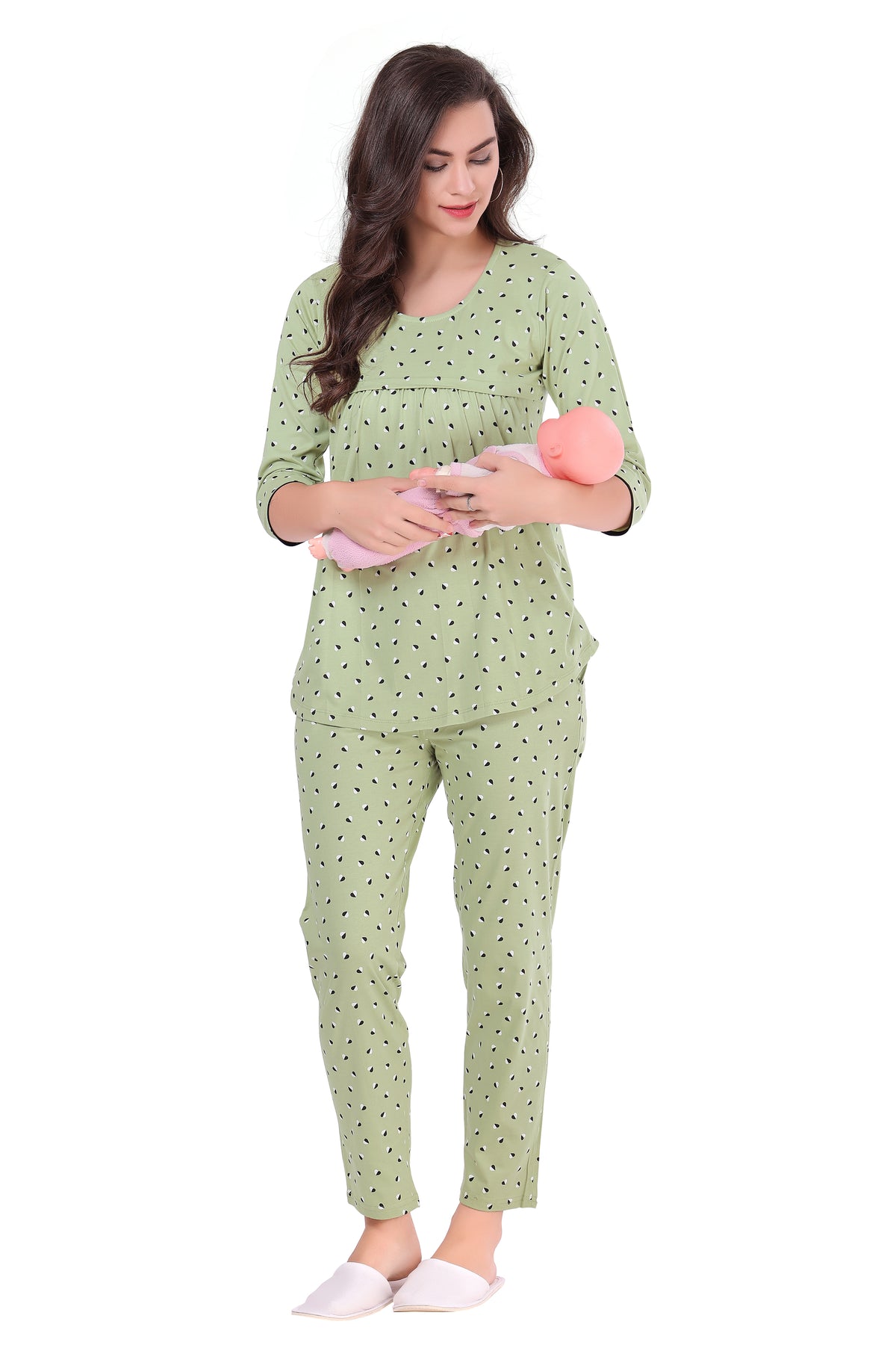 AV2 Women Cotton Feeding Top & Pyjama Nighsuit Set Green - 2833A