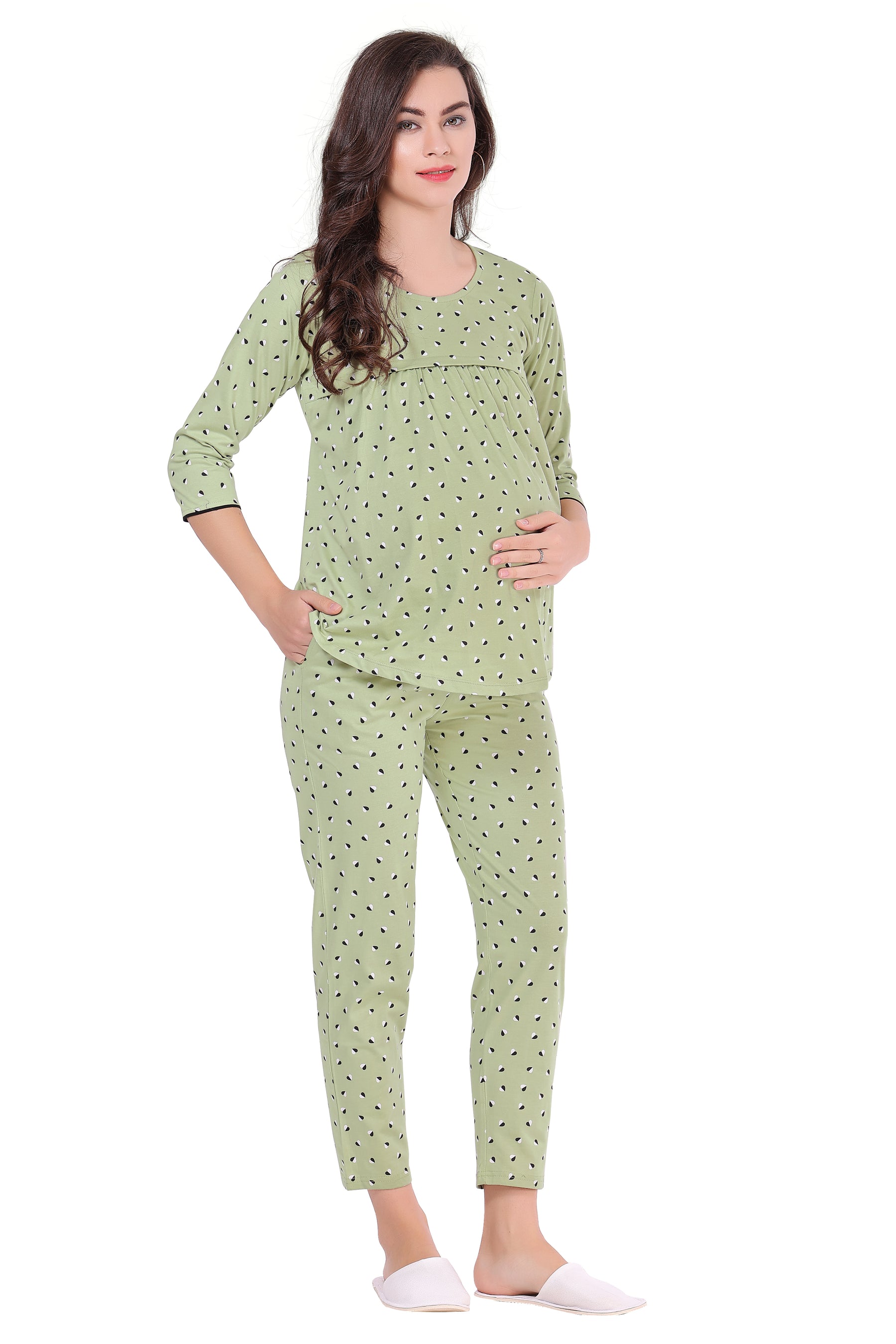 AV2 Women Cotton Feeding Top & Pyjama Nighsuit Set Green - 2833A