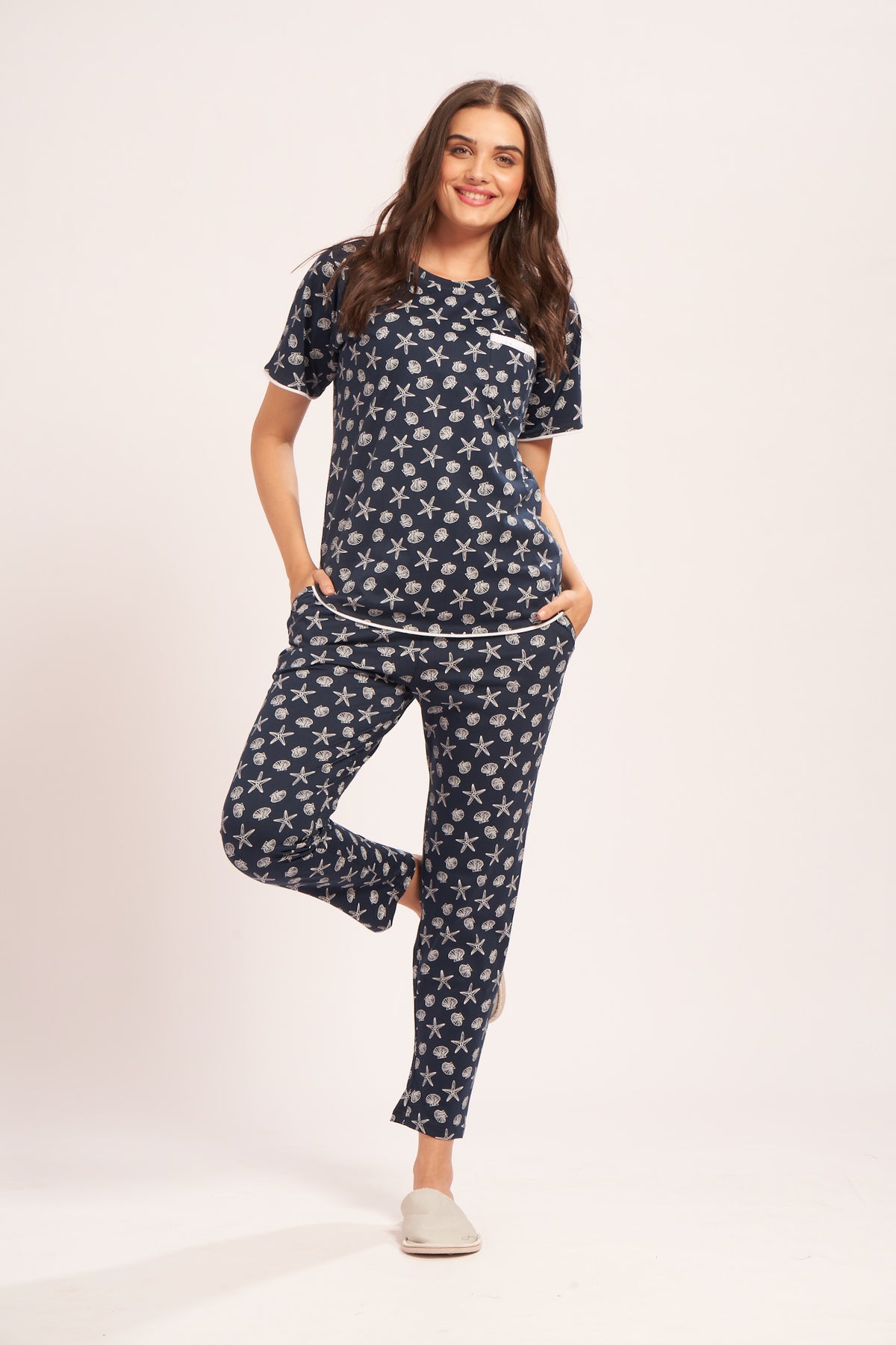 AV2 Women's Cotton Printed Short Sleeve Night Suit Set | Pajama Set | Casual Night Dress for Women | Airport Look Coord Set Navy Small 2841A