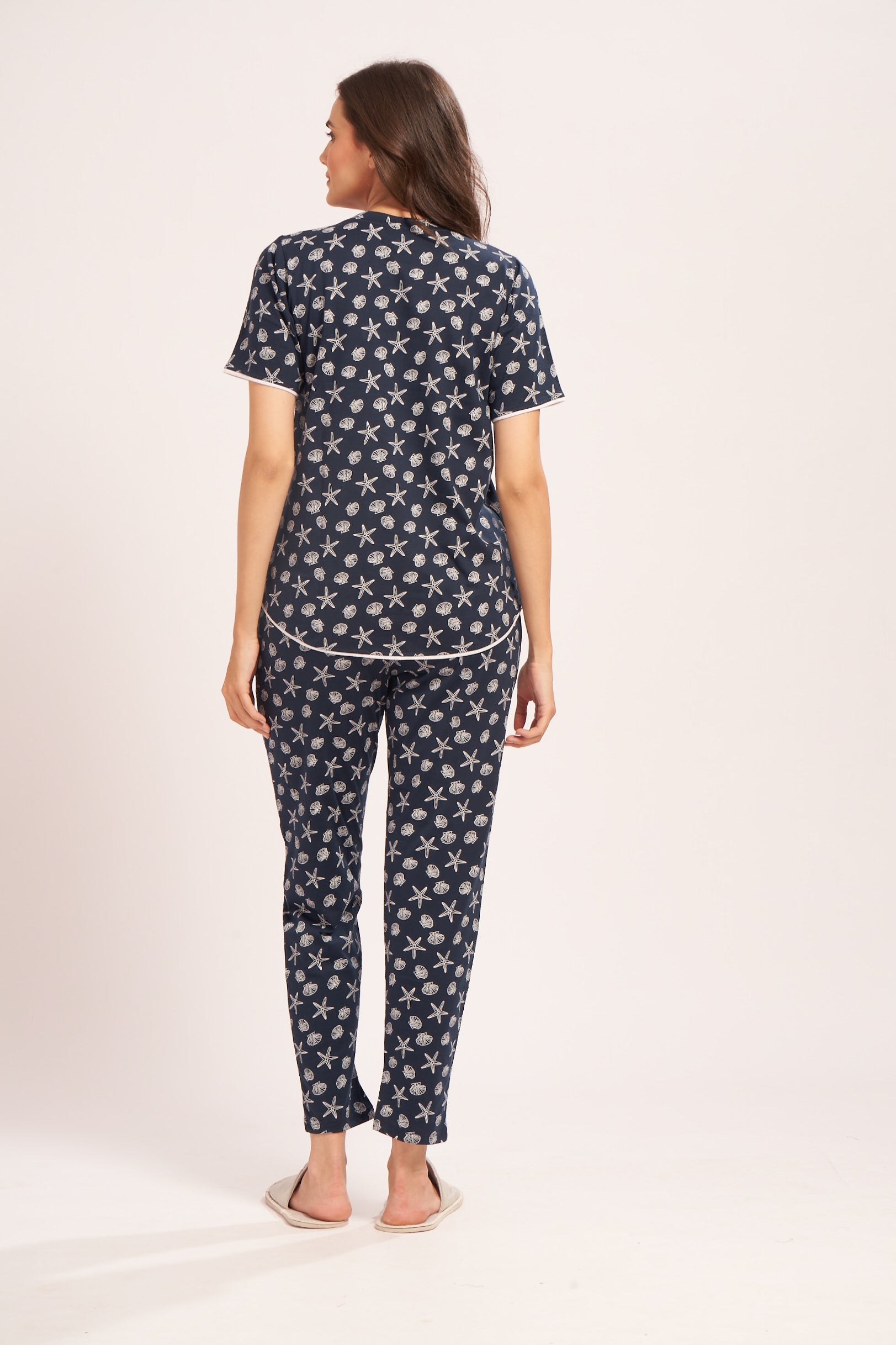 AV2 Women's Cotton Printed Short Sleeve Night Suit Set | Pajama Set | Casual Night Dress for Women | Airport Look Coord Set Navy Small 2841A