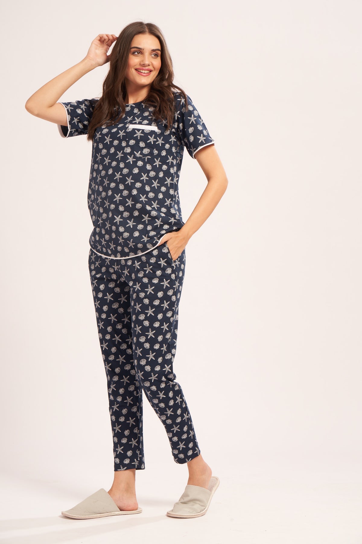 AV2 Women's Cotton Printed Short Sleeve Night Suit Set | Pajama Set | Casual Night Dress for Women | Airport Look Coord Set Navy Small 2841A
