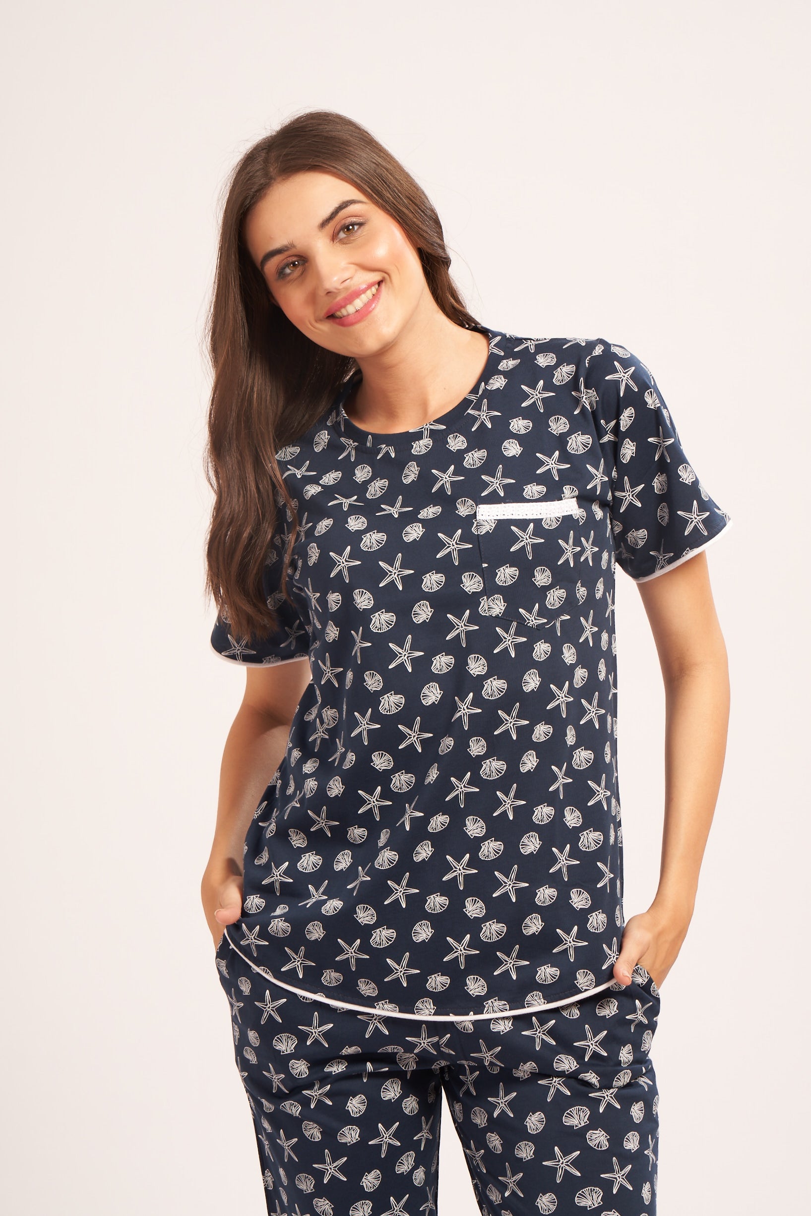 AV2 Women's Cotton Printed Short Sleeve Night Suit Set | Pajama Set | Casual Night Dress for Women | Airport Look Coord Set Navy Small 2841A