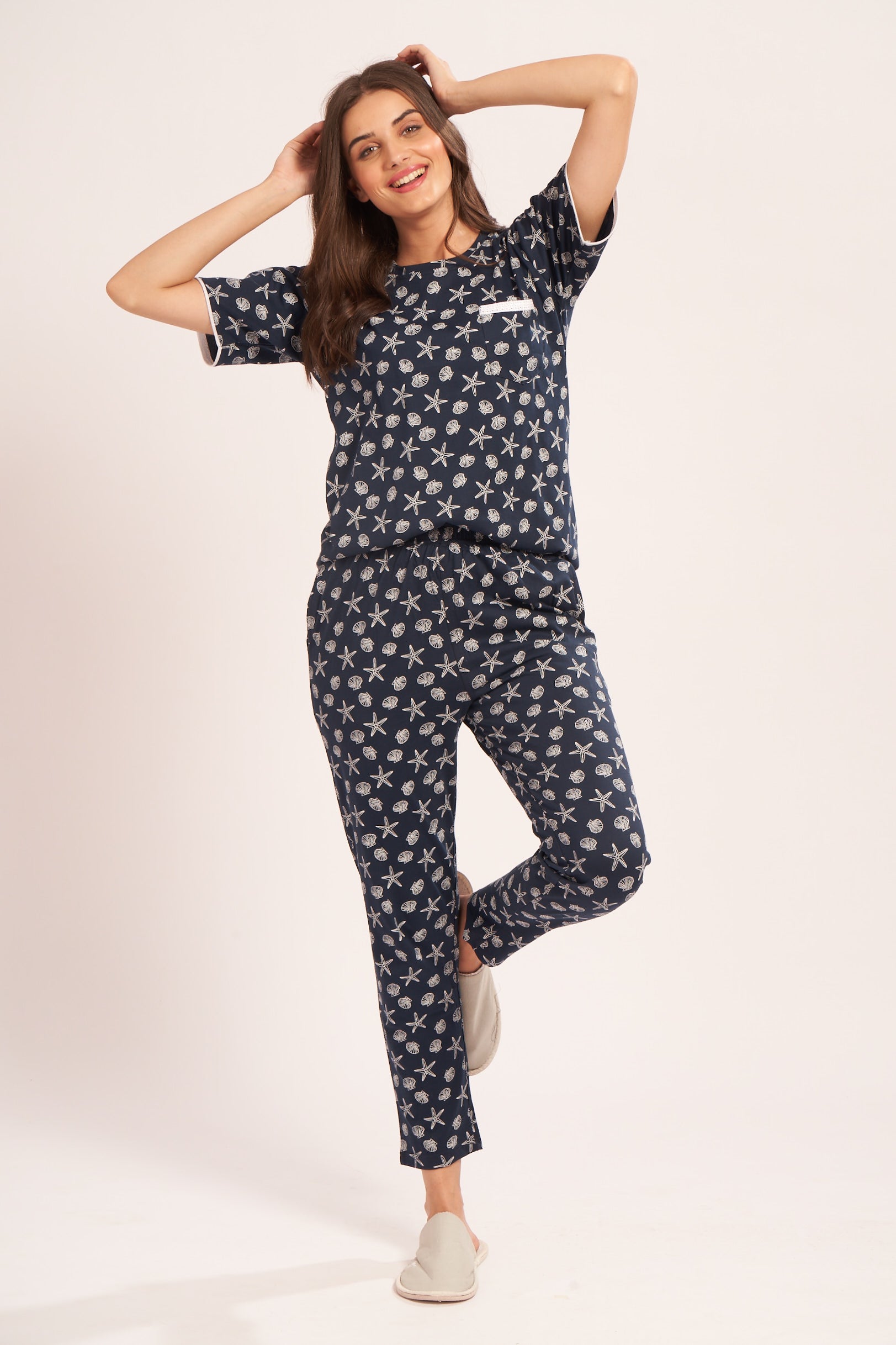 AV2 Women's Cotton Printed Short Sleeve Night Suit Set | Pajama Set | Casual Night Dress for Women | Airport Look Coord Set Navy Small 2841A