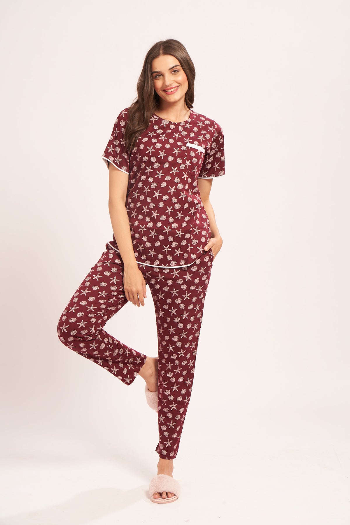 AV2 Women's Cotton Printed Short Sleeve Night Suit Set | Pajama Set | Casual Night Dress for Women | Airport Look Coord Set Brown Small 2841B