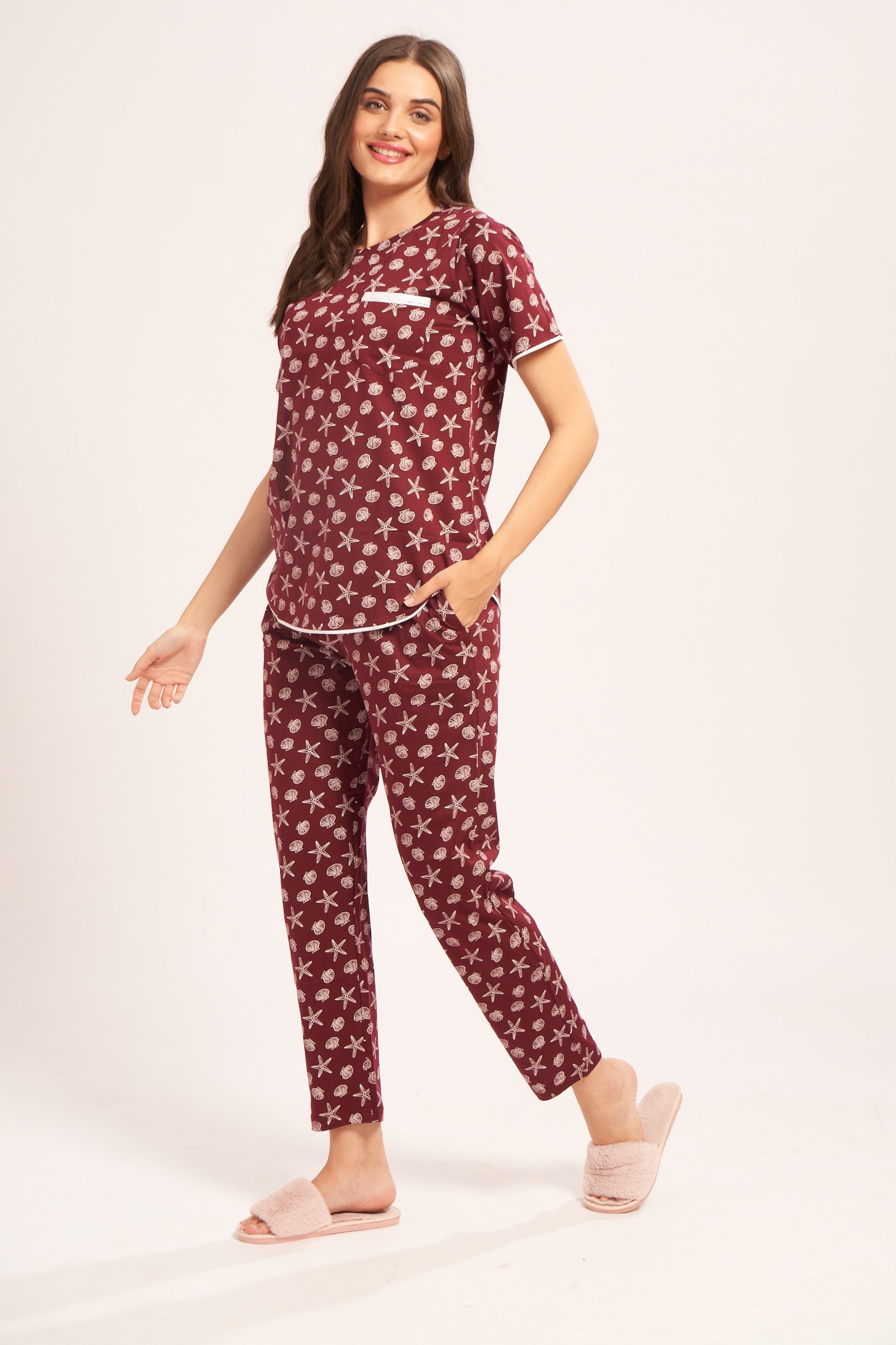 AV2 Women's Cotton Printed Short Sleeve Night Suit Set | Pajama Set | Casual Night Dress for Women | Airport Look Coord Set Brown Small 2841B
