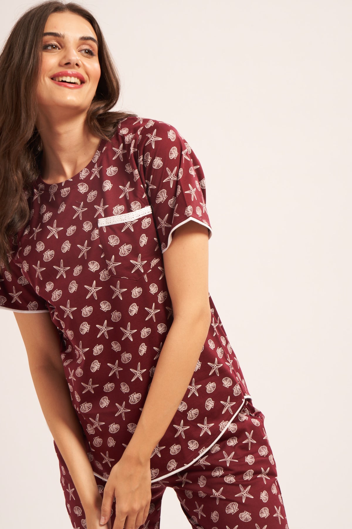 AV2 Women's Cotton Printed Short Sleeve Night Suit Set | Pajama Set | Casual Night Dress for Women | Airport Look Coord Set Brown Small 2841B