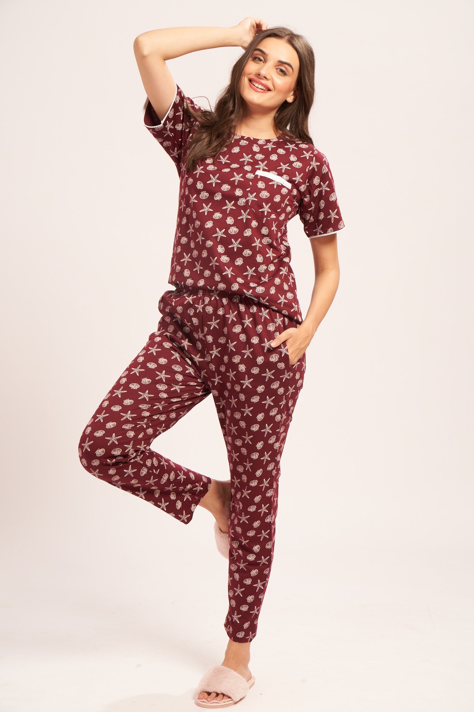 AV2 Women's Cotton Printed Short Sleeve Night Suit Set | Pajama Set | Casual Night Dress for Women | Airport Look Coord Set Brown Small 2841B
