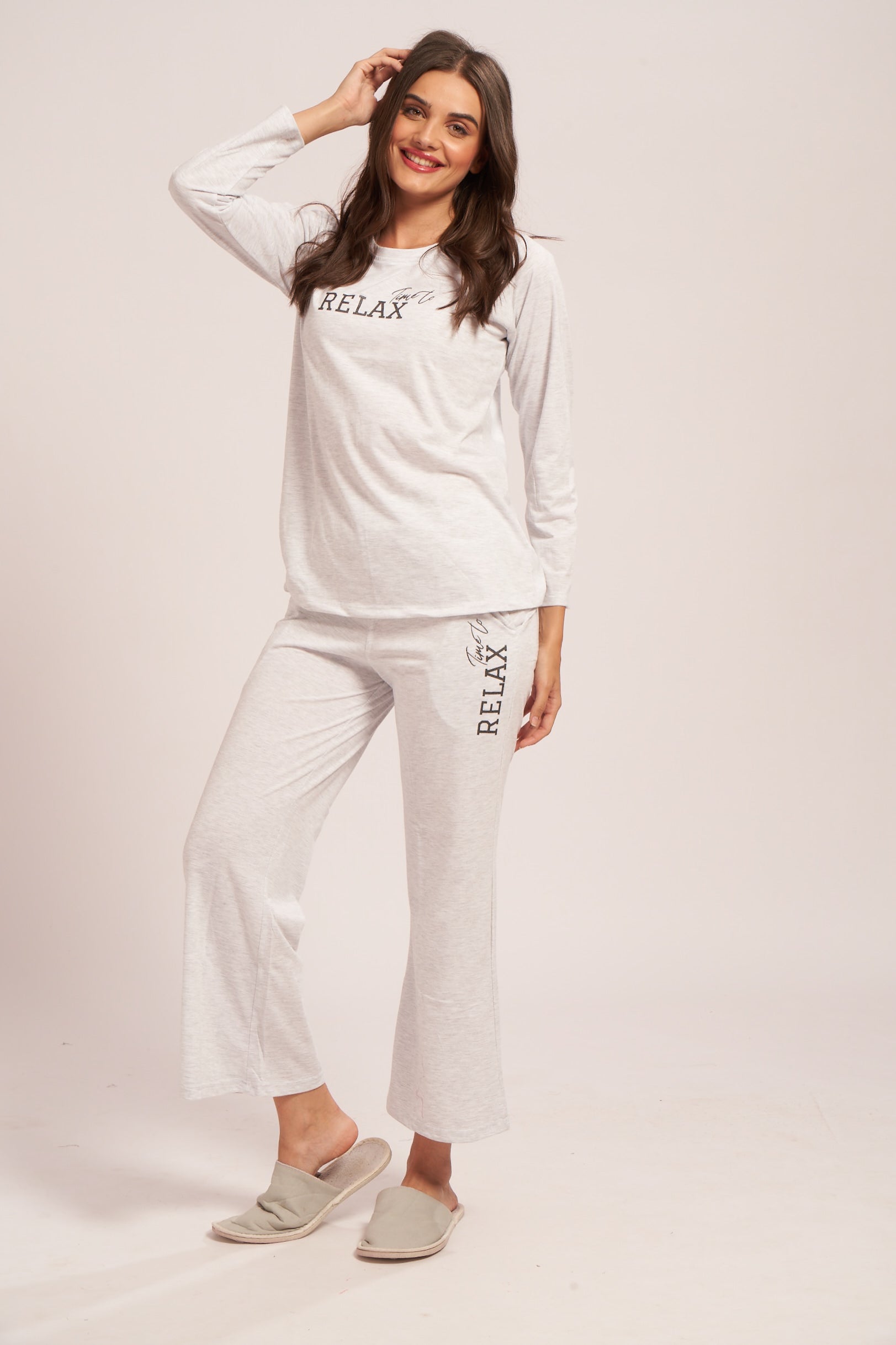 AV2 Women's Cotton Typography Printed Night Suit Set With Wide Legs | Pajama Set | Casual Night Dress for Women | Airport Look Coord Set White Small 2843A