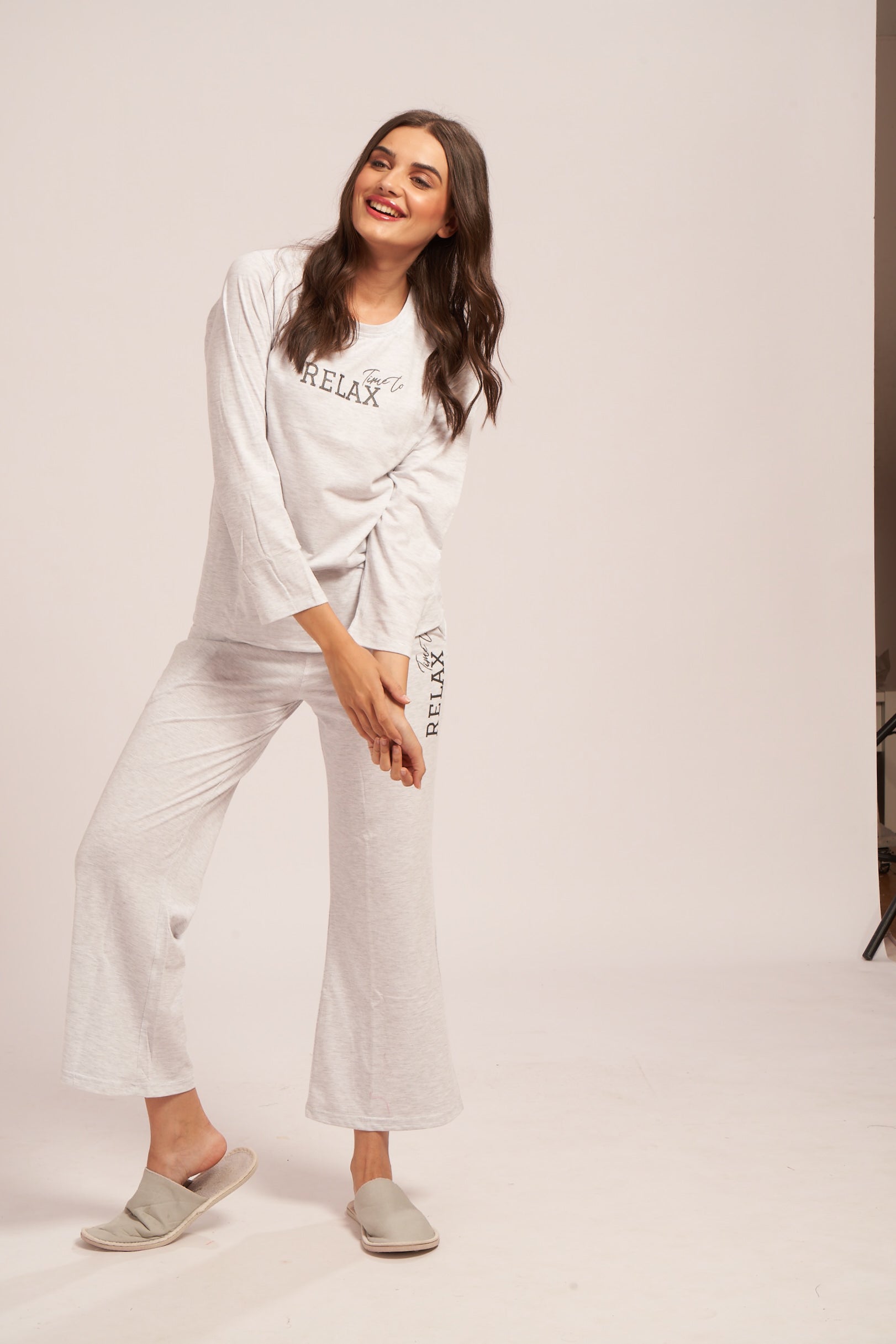 AV2 Women's Cotton Typography Printed Night Suit Set With Wide Legs | Pajama Set | Casual Night Dress for Women | Airport Look Coord Set White Small 2843A