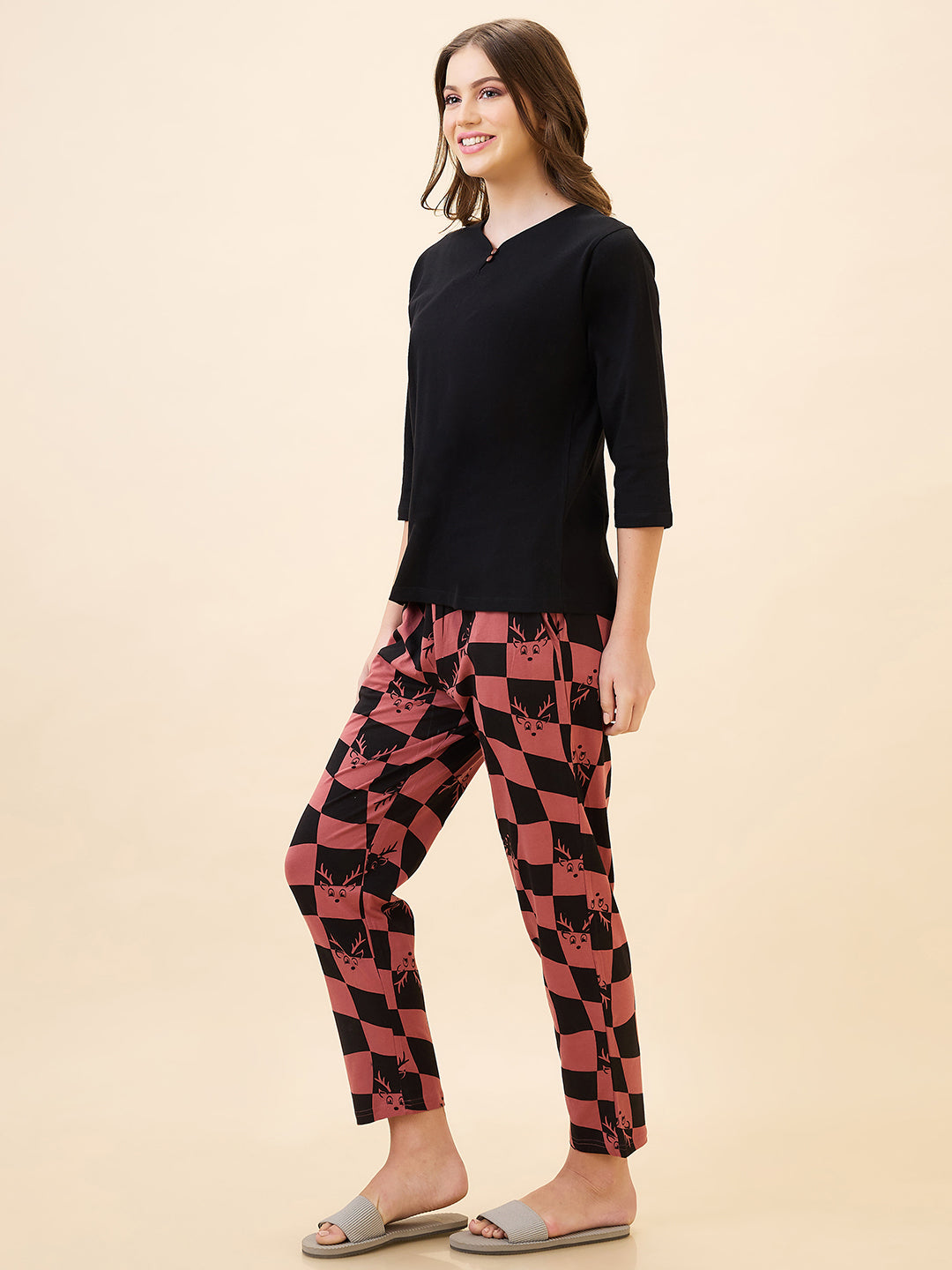 AV2 Women's Cotton Printed Round Neck Short Sleeve Nightsuit Set | Pajama Set | Casual Night Dress for Women Brown - 2844B
