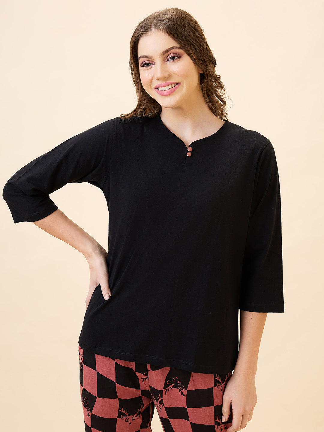 AV2 Women's Cotton Printed Round Neck Short Sleeve Nightsuit Set | Pajama Set | Casual Night Dress for Women Brown - 2844B
