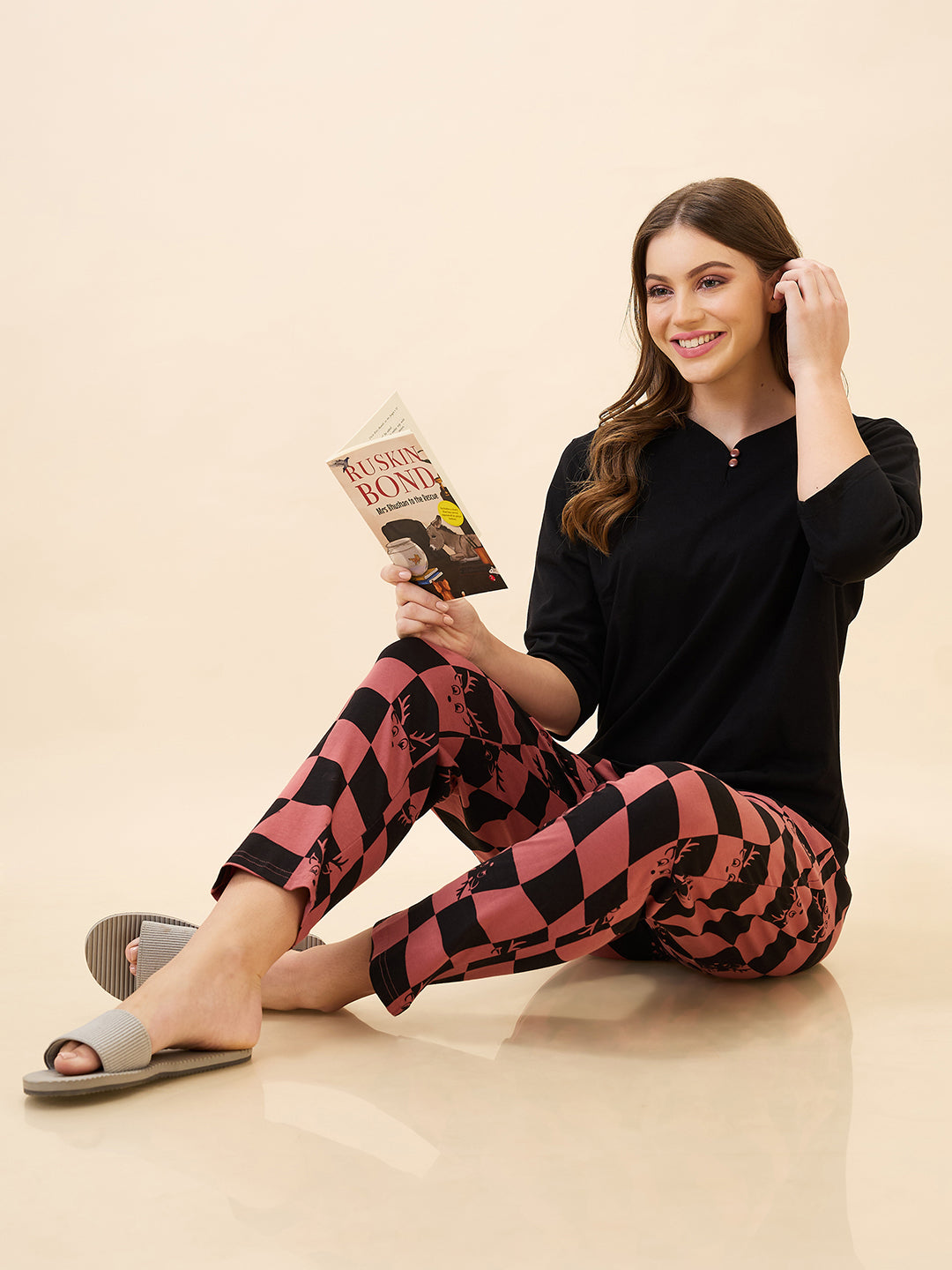 AV2 Women's Cotton Printed Round Neck Short Sleeve Nightsuit Set | Pajama Set | Casual Night Dress for Women Brown - 2844B