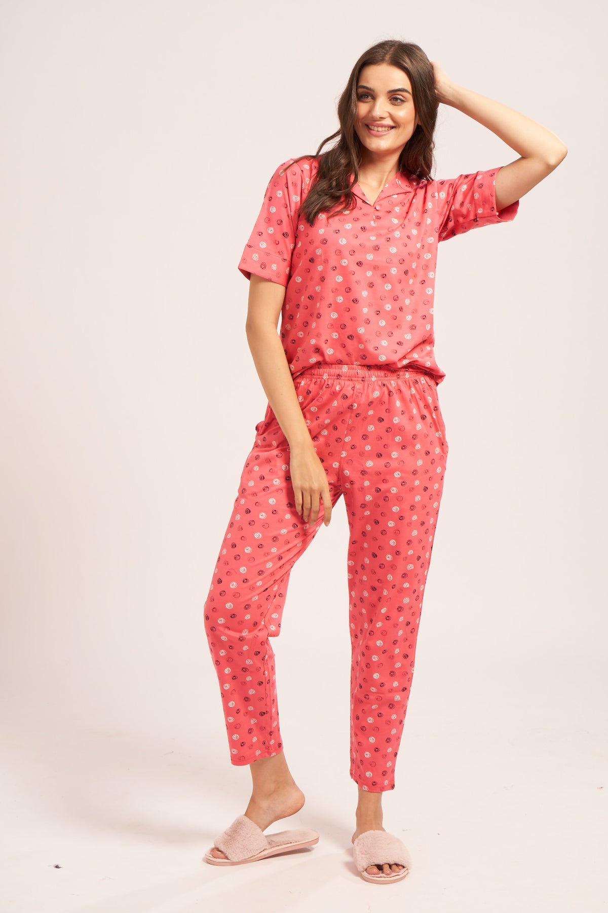 AV2 Women's Cotton Printed Short Sleeve Night Suit Set | Pajama Set | Casual Night Dress for Women | Airport Look Coord Set Pink Small 2849A