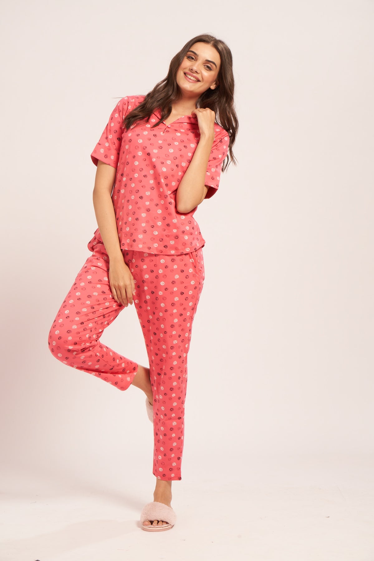 AV2 Women's Cotton Printed Short Sleeve Night Suit Set | Pajama Set | Casual Night Dress for Women | Airport Look Coord Set Pink Small 2849A