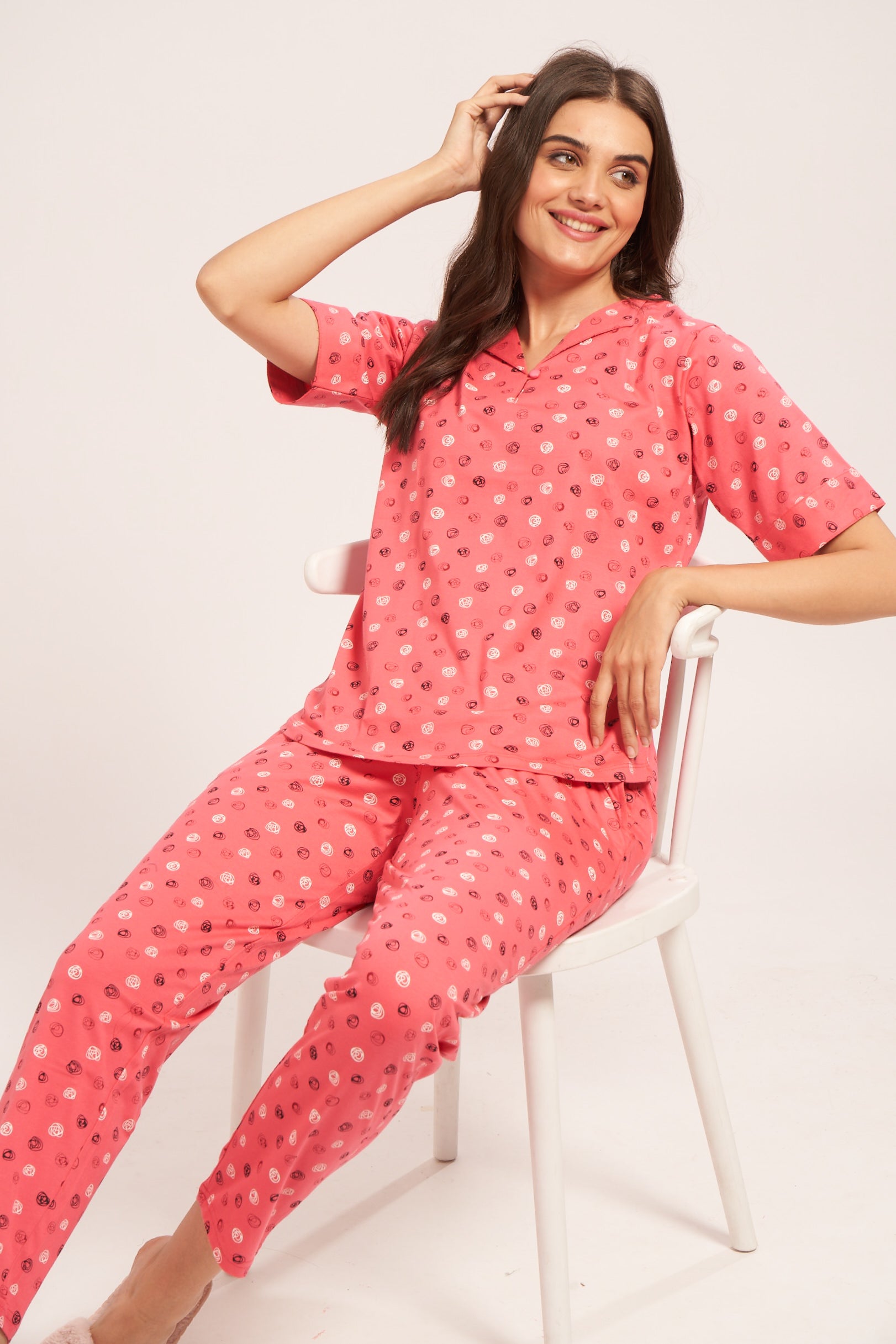 AV2 Women's Cotton Printed Short Sleeve Night Suit Set | Pajama Set | Casual Night Dress for Women | Airport Look Coord Set Pink Small 2849A