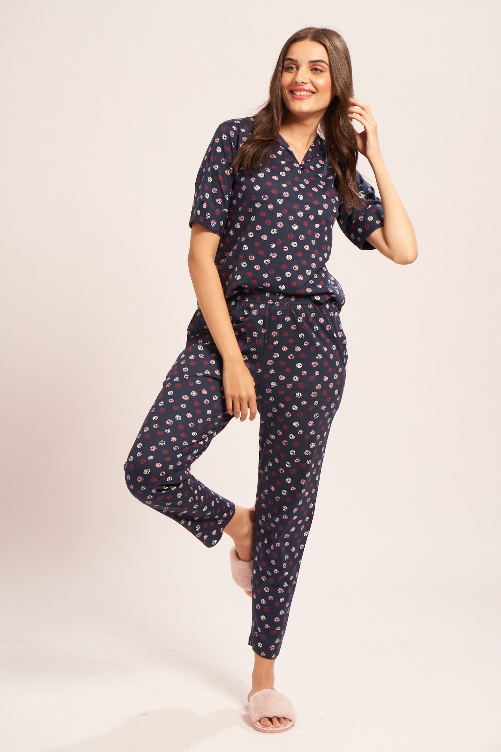 AV2 Women's Cotton Printed Short Sleeve Night Suit Set Pajama Set Casual Night Dress for Women Airport Look Coord Set Navy Small 2849B