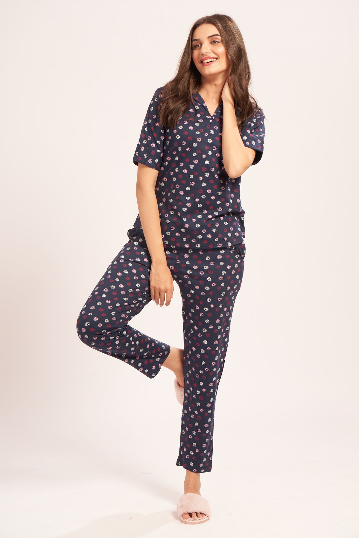 AV2 Women's Cotton Printed Short Sleeve Night Suit Set | Pajama Set | Casual Night Dress for Women | Airport Look Coord Set Navy Small 2849B