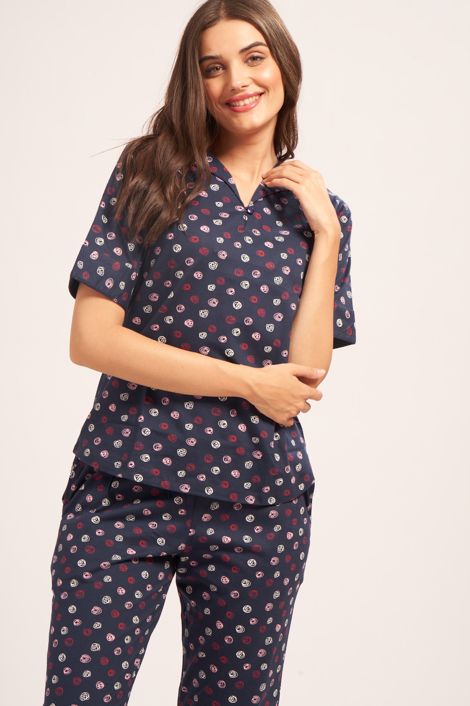 AV2 Women's Cotton Printed Short Sleeve Night Suit Set | Pajama Set | Casual Night Dress for Women | Airport Look Coord Set Navy Small 2849B