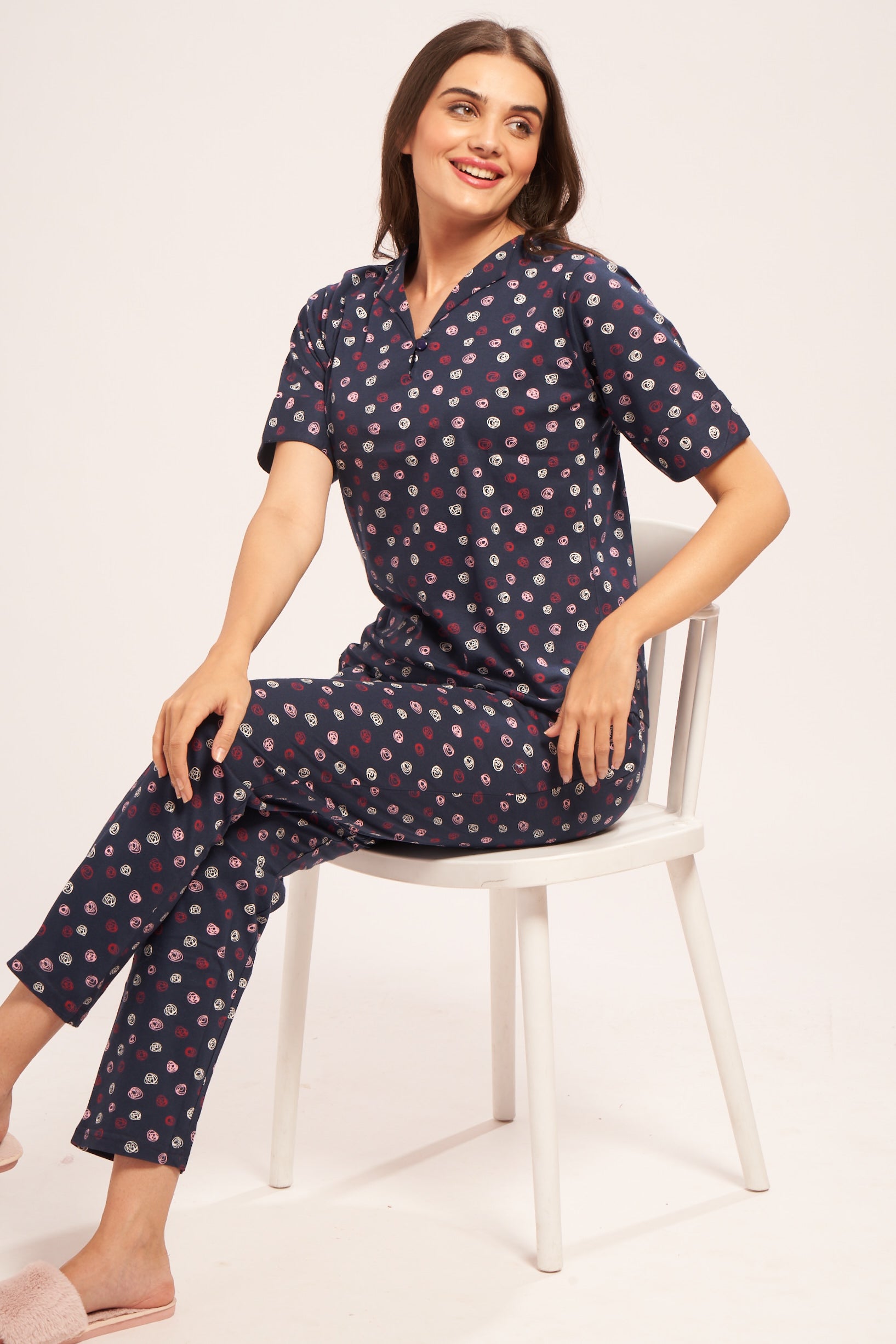AV2 Women's Cotton Printed Short Sleeve Night Suit Set | Pajama Set | Casual Night Dress for Women | Airport Look Coord Set Navy Small 2849B