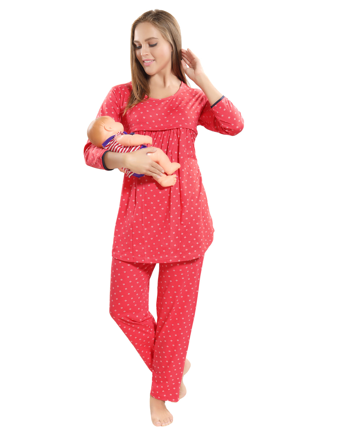 AV2 Women Cotton Printed Maternity & Feeding Top & Pyjama Set Peach - 2879A