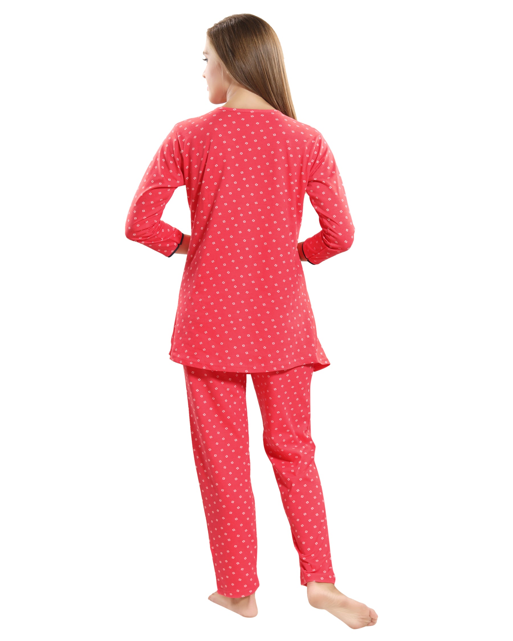AV2 Women Cotton Printed Maternity & Feeding Top & Pyjama Set Peach - 2879A