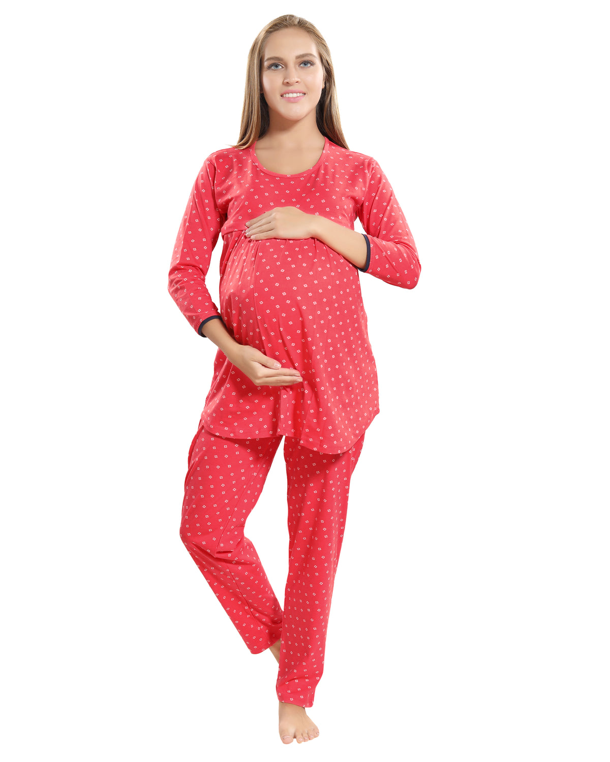 AV2 Women Cotton Printed Maternity & Feeding Top & Pyjama Set Peach - 2879A