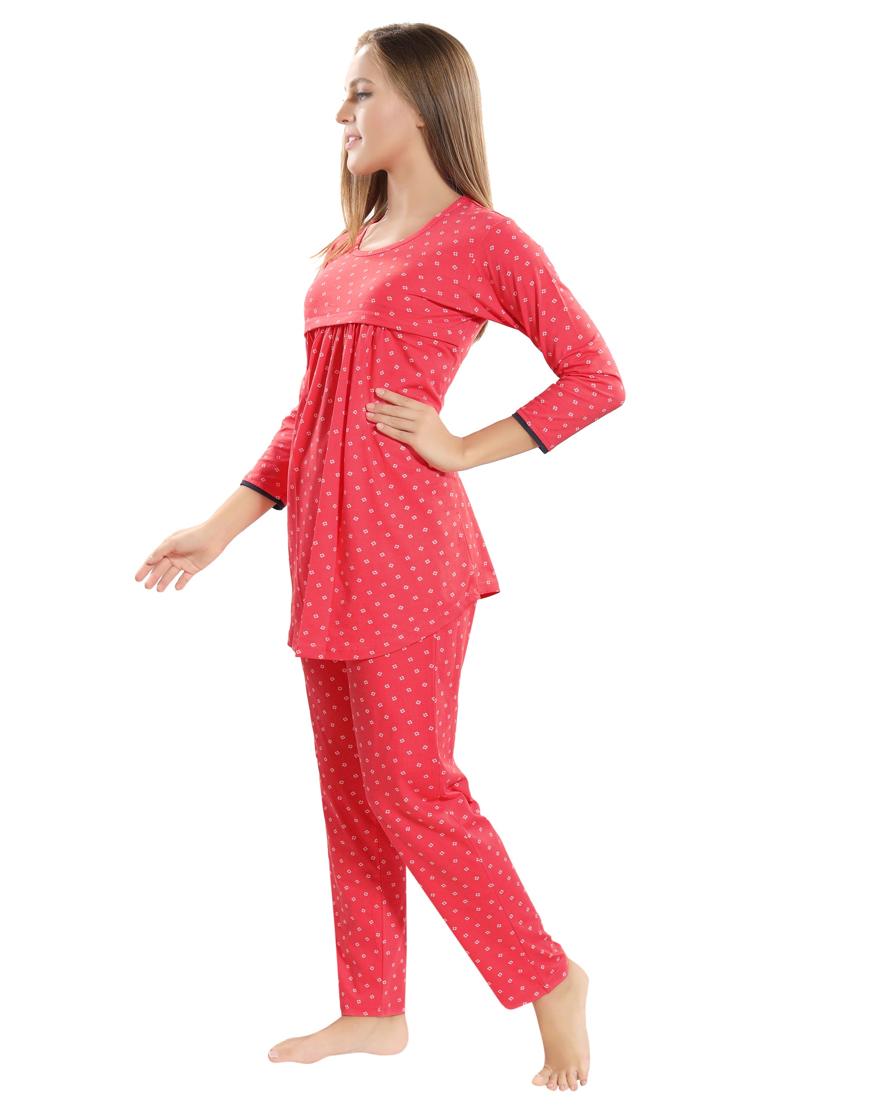 AV2 Women Cotton Printed Maternity & Feeding Top & Pyjama Set Peach - 2879A
