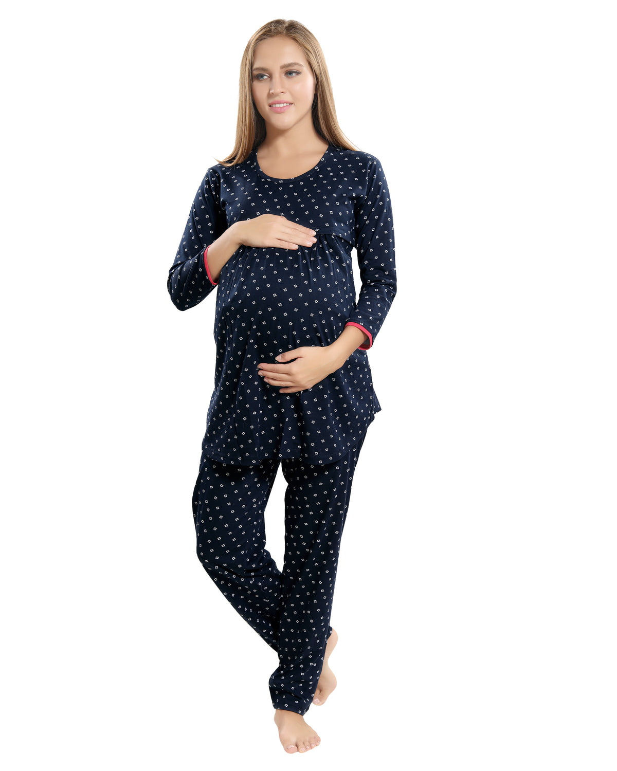AV2 Women Cotton Printed Maternity & Feeding Top & Pyjama Set Navy - 2879B