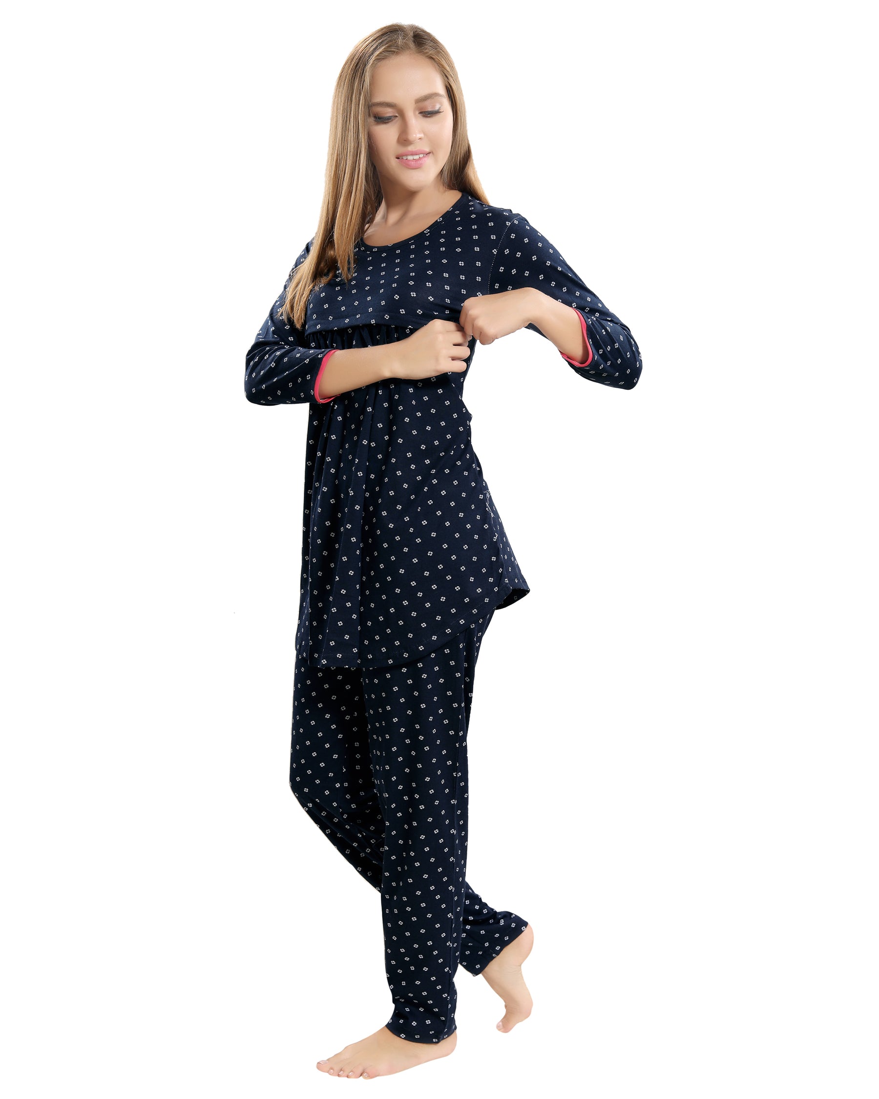 AV2 Women Cotton Printed Maternity & Feeding Top & Pyjama Set Navy - 2879B