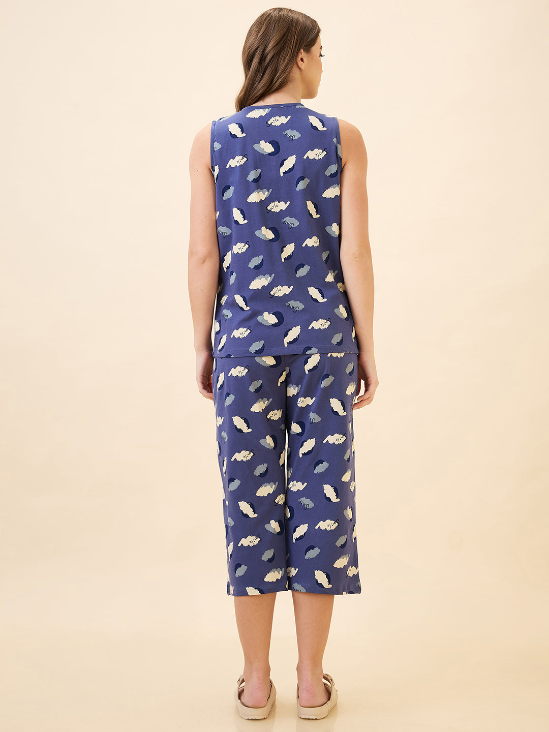 AV2 Women's Cotton Printed Round Neck Sleeveless Nightsuit Set | Capri Set | Casual Night Dress for Women - Blue 2890A