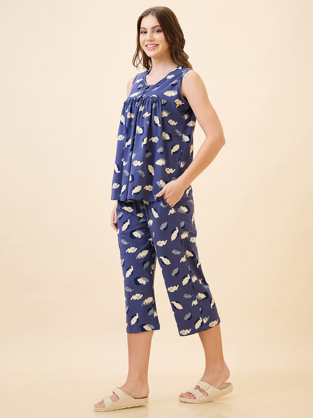 AV2 Women's Cotton Printed Round Neck Sleeveless Nightsuit Set | Capri Set | Casual Night Dress for Women - Blue 2890A