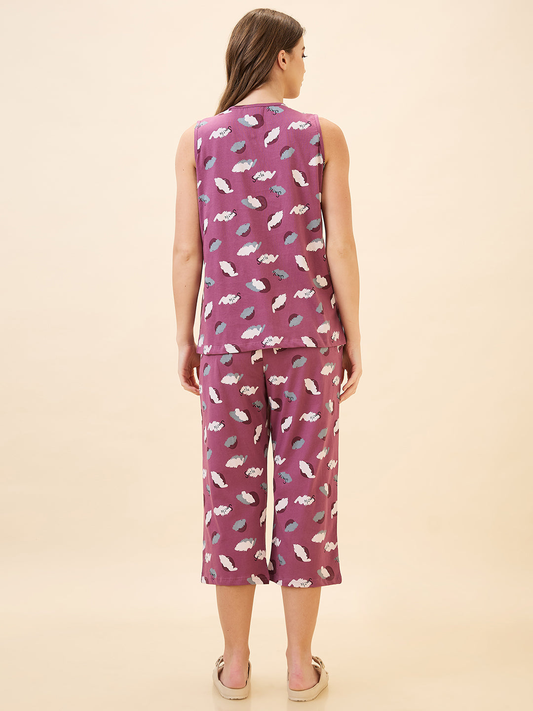 AV2 Women's Cotton Printed Round Neck Sleeveless Nightsuit Set | Capri Set | Casual Night Dress for Women - Pink 2890B