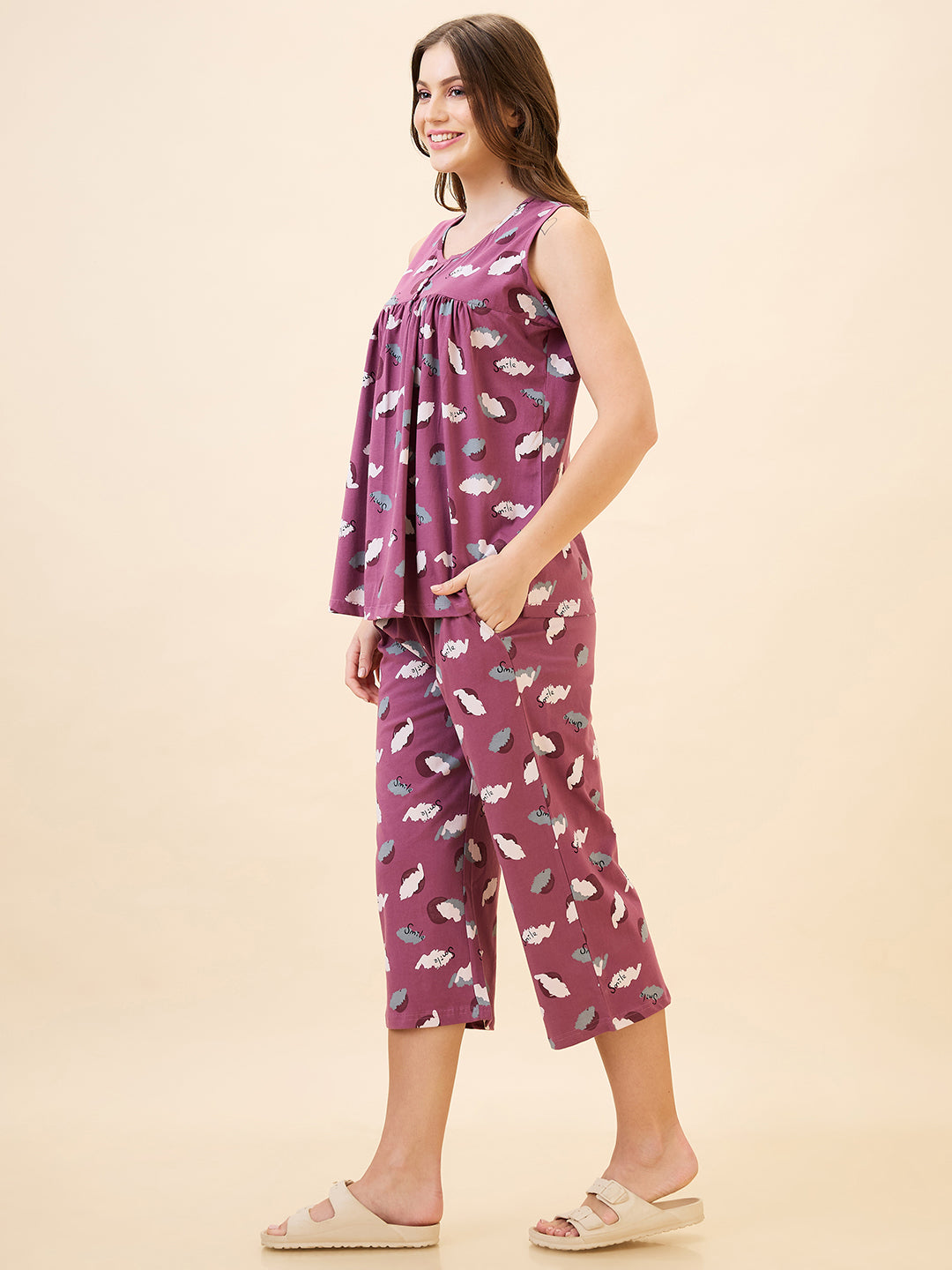 AV2 Women's Cotton Printed Round Neck Sleeveless Nightsuit Set | Capri Set | Casual Night Dress for Women - Pink 2890B