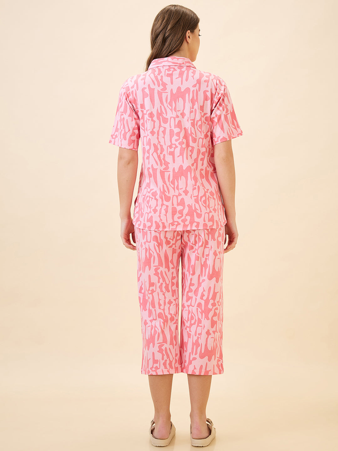 AV2 Women's Cotton Printed Shirt Collar Short Sleeve Nightsuit Set | Capri Set | Casual Night Dress for Women - Pink 2892A
