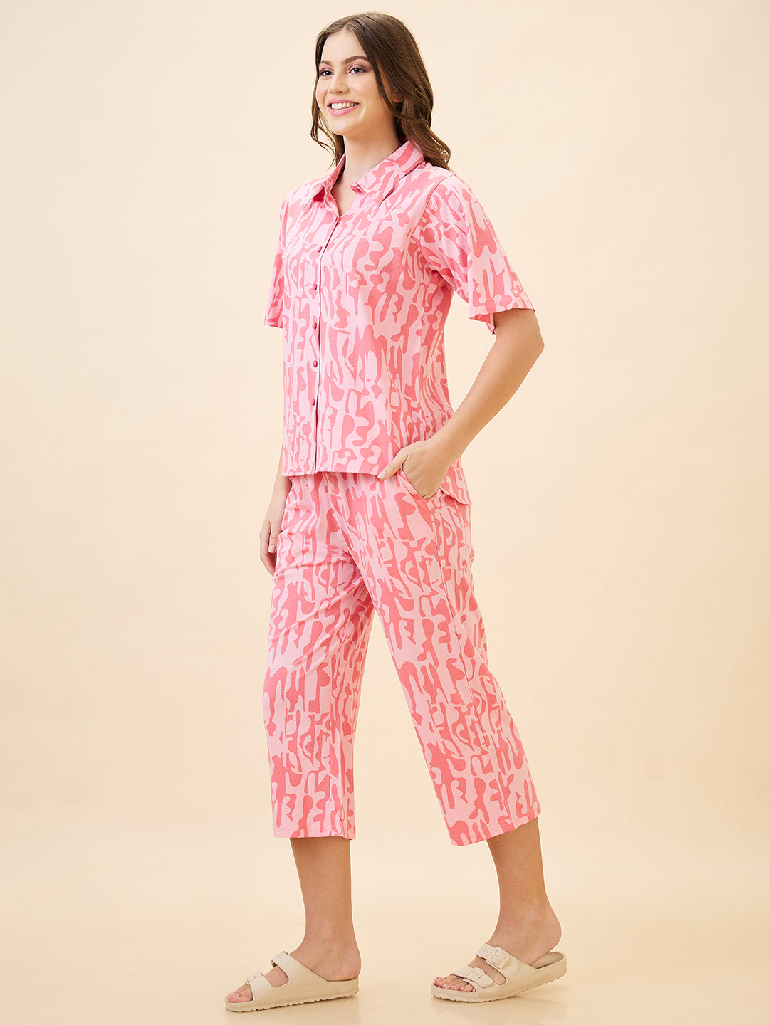 AV2 Women's Cotton Printed Shirt Collar Short Sleeve Nightsuit Set | Capri Set | Casual Night Dress for Women - Pink 2892A