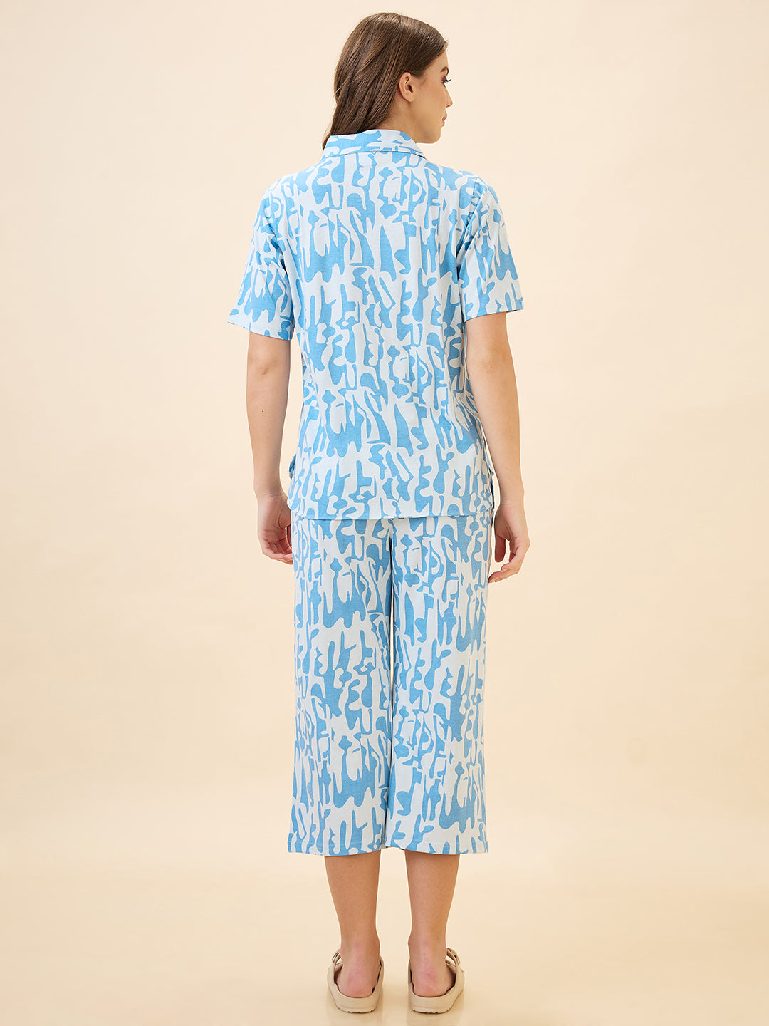 AV2 Women's Cotton Printed Shirt Collar Short Sleeve Nightsuit Set | Capri Set | Casual Night Dress for Women - Blue 2892B