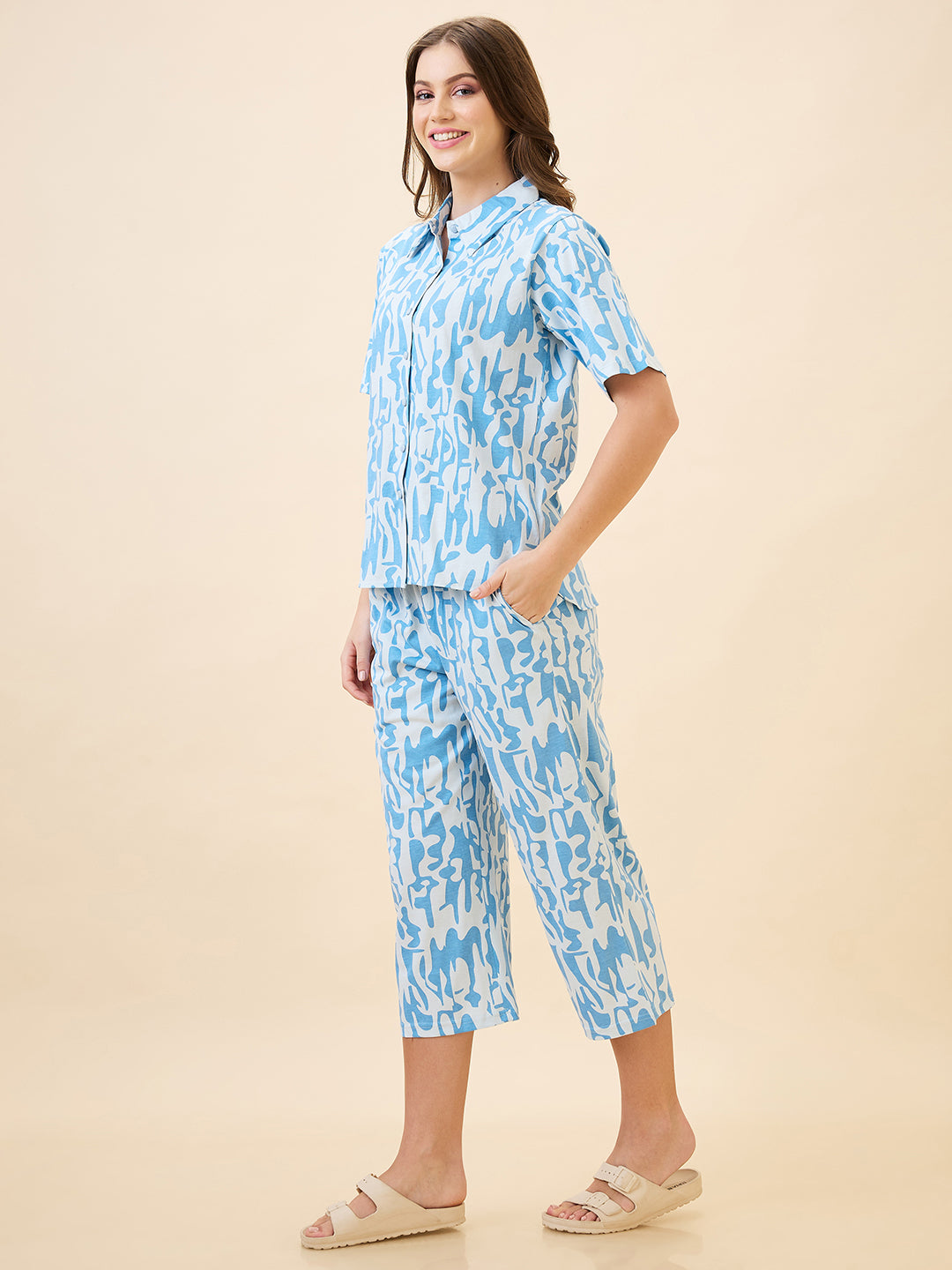 AV2 Women's Cotton Printed Shirt Collar Short Sleeve Nightsuit Set | Capri Set | Casual Night Dress for Women - Blue 2892B