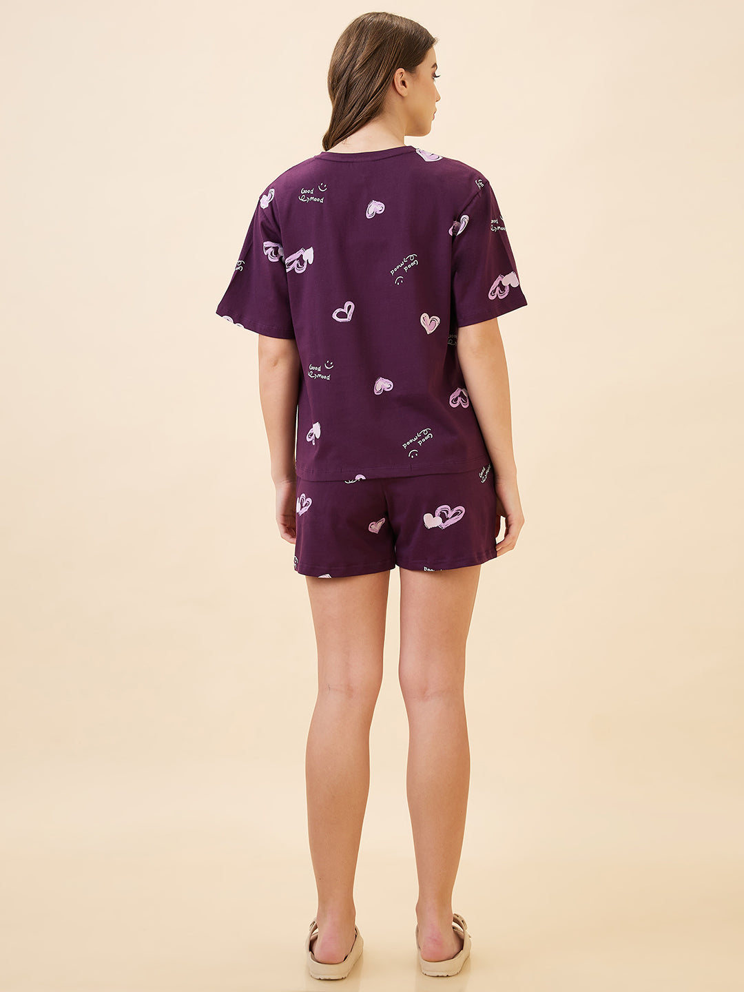 AV2 Women's Cotton Printed Round Neck Short Sleeve Night Suit Set | Bermuda Shorts Set | Casual Night Dress for Women - Purple 2893A