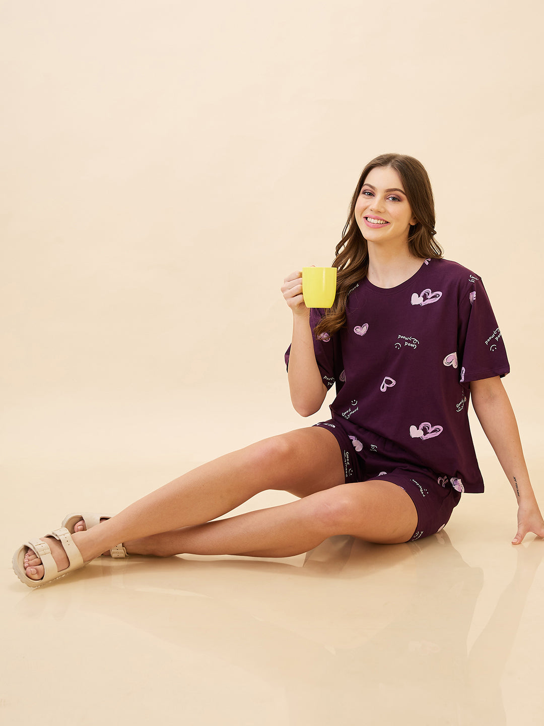 AV2 Women's Cotton Printed Round Neck Short Sleeve Night Suit Set | Bermuda Shorts Set | Casual Night Dress for Women - Purple 2893A