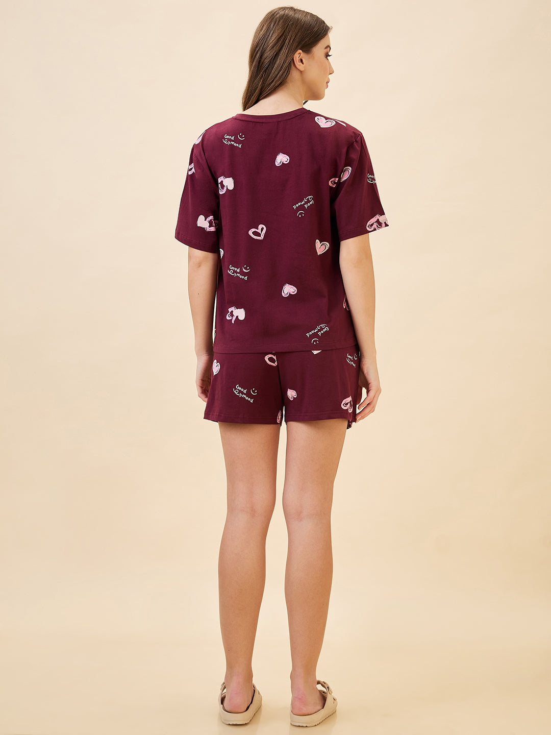 AV2 Women's Cotton Printed Round Neck Short Sleeve Night Suit Set | Bermuda Shorts Set | Casual Night Dress for Women - Maroon 2893B