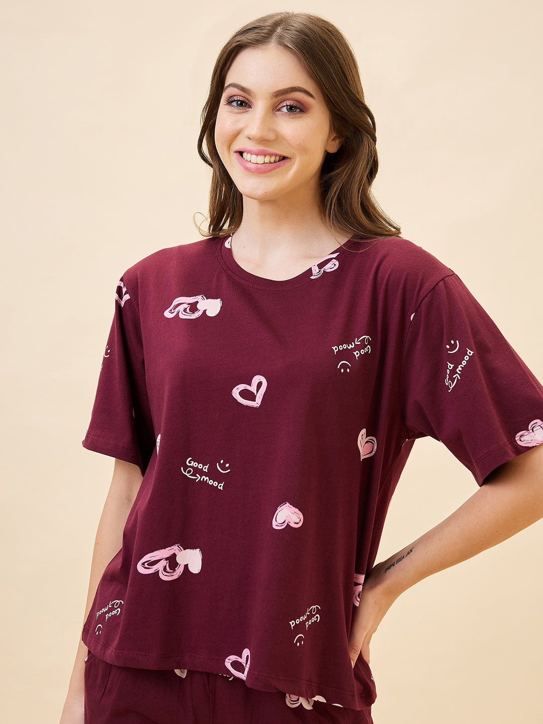 AV2 Women's Cotton Printed Round Neck Short Sleeve Night Suit Set | Bermuda Shorts Set | Casual Night Dress for Women - Maroon 2893B
