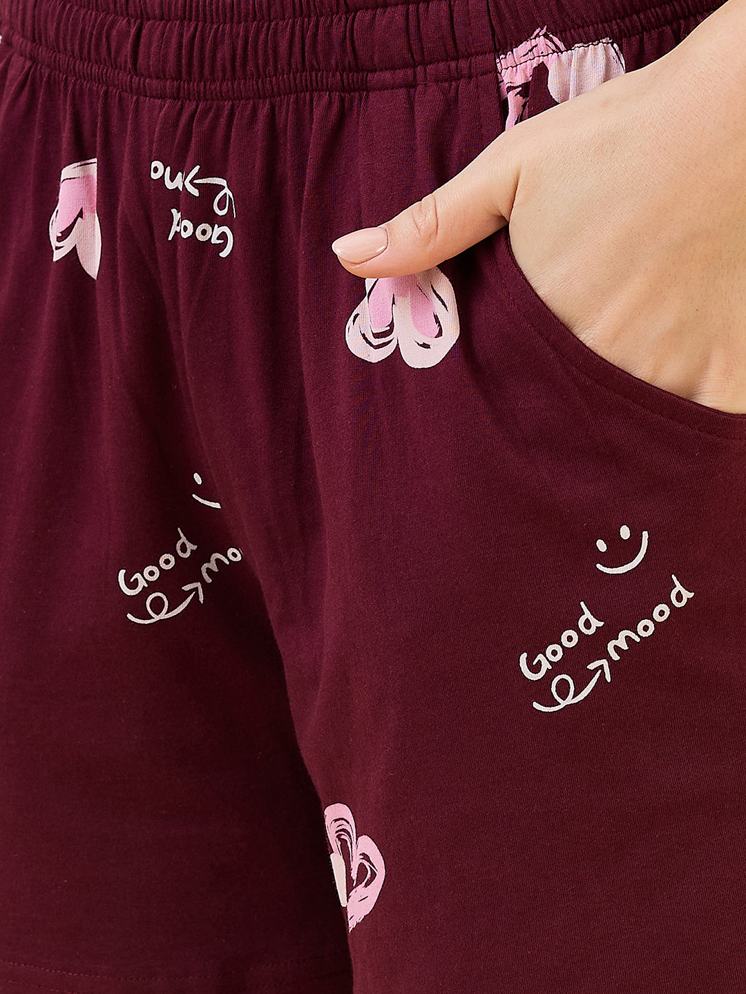 AV2 Women's Cotton Printed Round Neck Short Sleeve Night Suit Set | Bermuda Shorts Set | Casual Night Dress for Women - Maroon 2893B