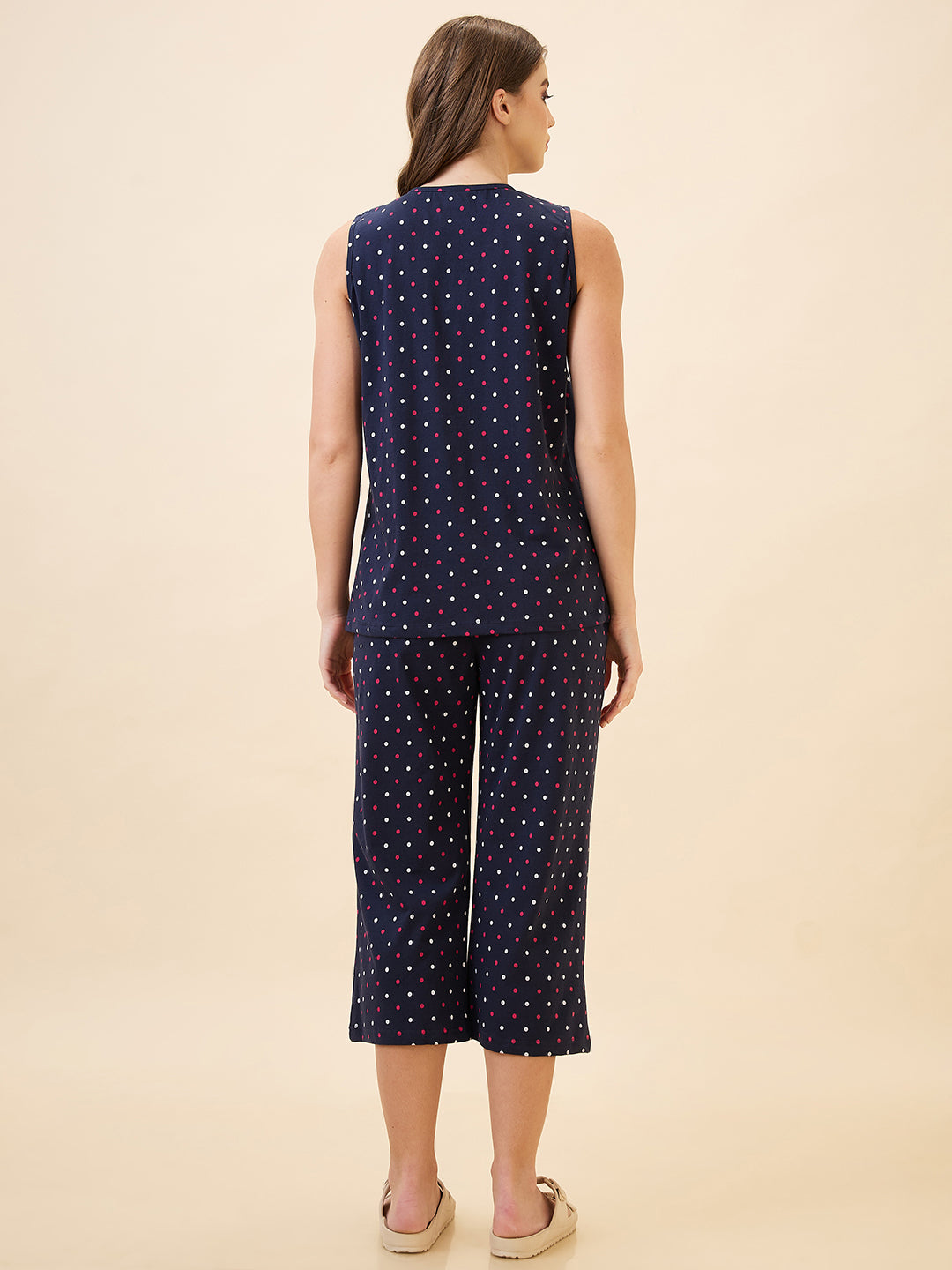 AV2 Women's Cotton Printed Round Neck Sleeveless Nightsuit Set | Capri Set | Casual Night Dress for Women - Navy 2894B