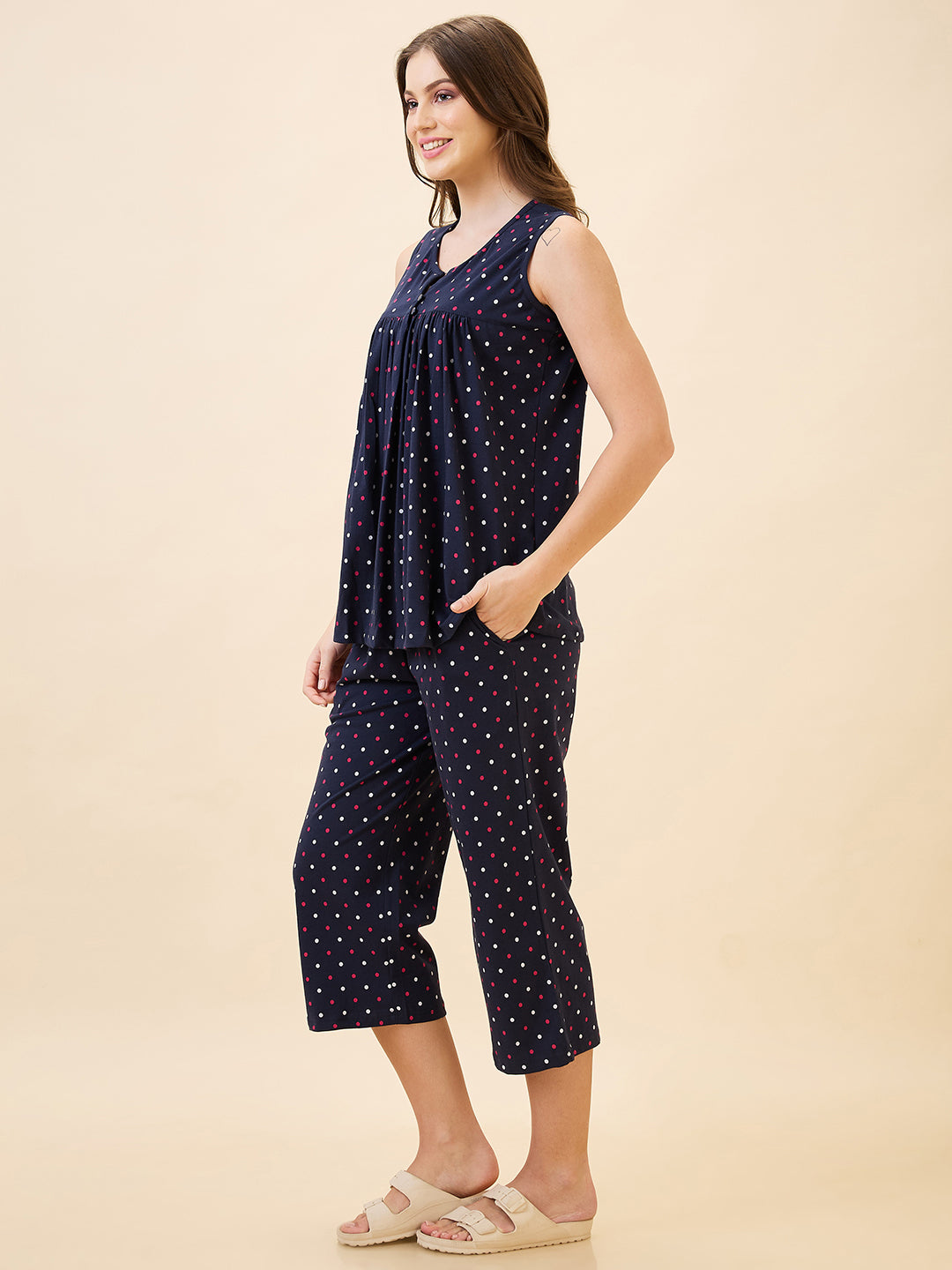 AV2 Women's Cotton Printed Round Neck Sleeveless Nightsuit Set | Capri Set | Casual Night Dress for Women - Navy 2894B