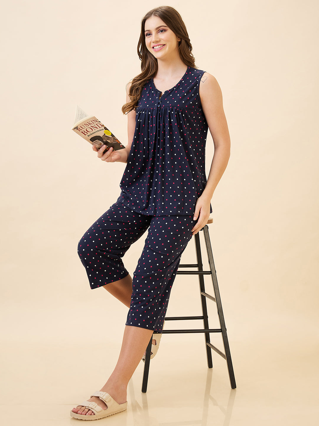 AV2 Women's Cotton Printed Round Neck Sleeveless Nightsuit Set | Capri Set | Casual Night Dress for Women - Navy 2894B