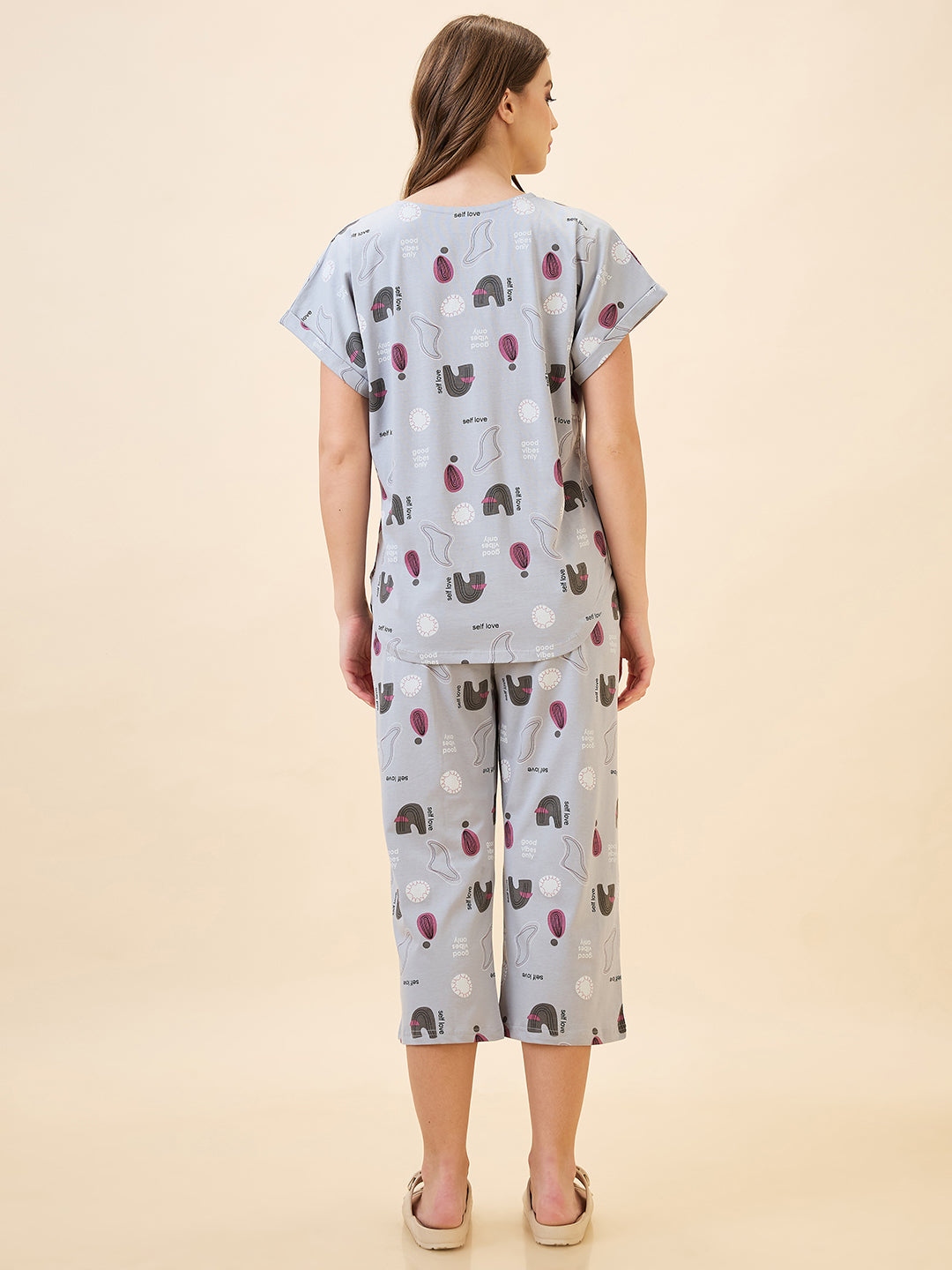 AV2 Women's Cotton Printed Round Neck Short Sleeve Night Suit Set | Capri Set | Casual Night Dress for Women - Grey 2895A