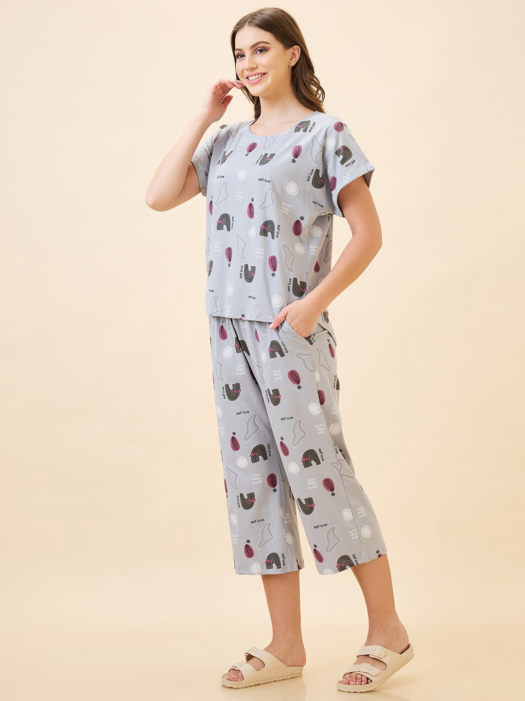 AV2 Women's Cotton Printed Round Neck Short Sleeve Night Suit Set | Capri Set | Casual Night Dress for Women - Grey 2895A